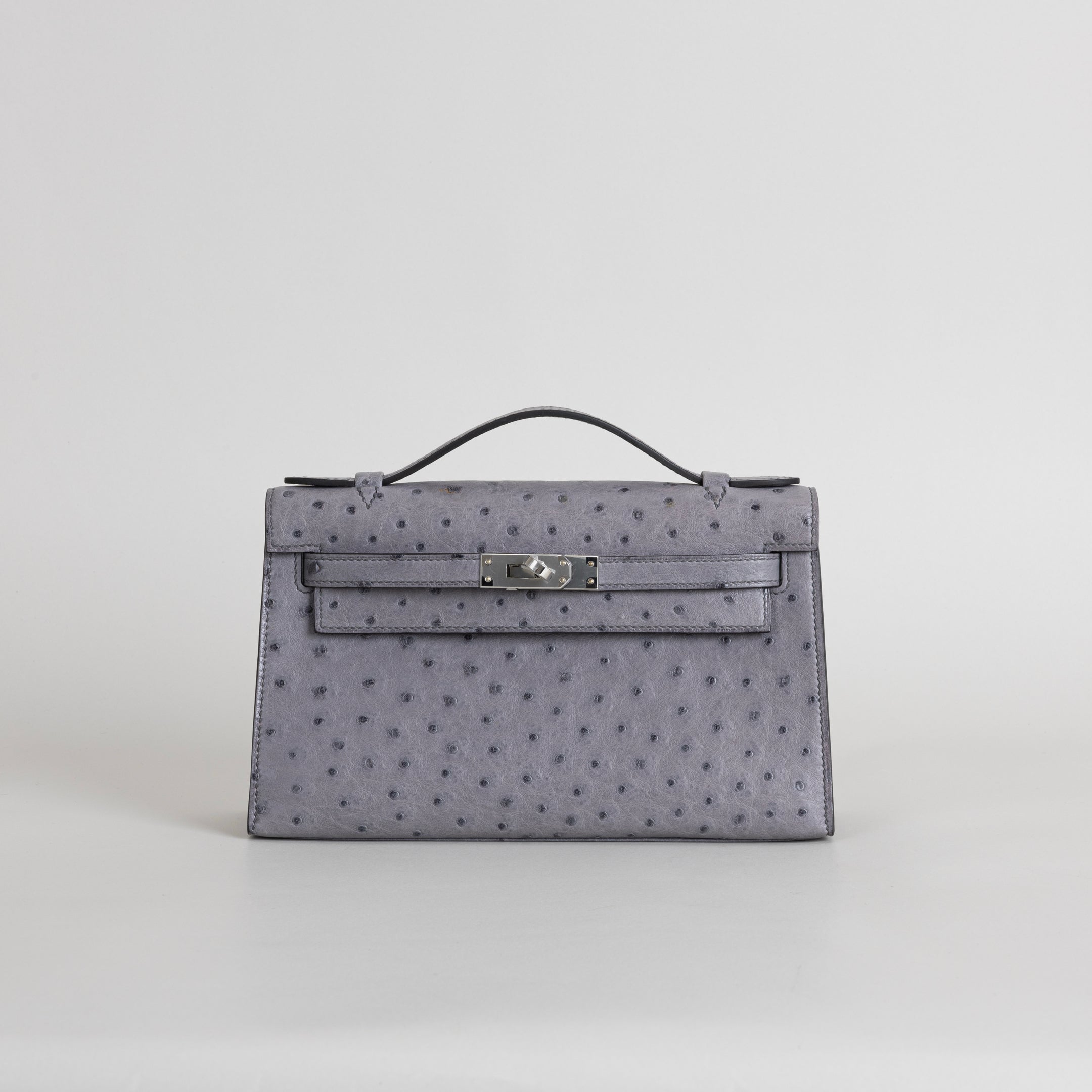 KELLY POCHETTE OSTRICH LEATHER GRIS AGATE WITH PALLADIUM HARDWARE (PHW)