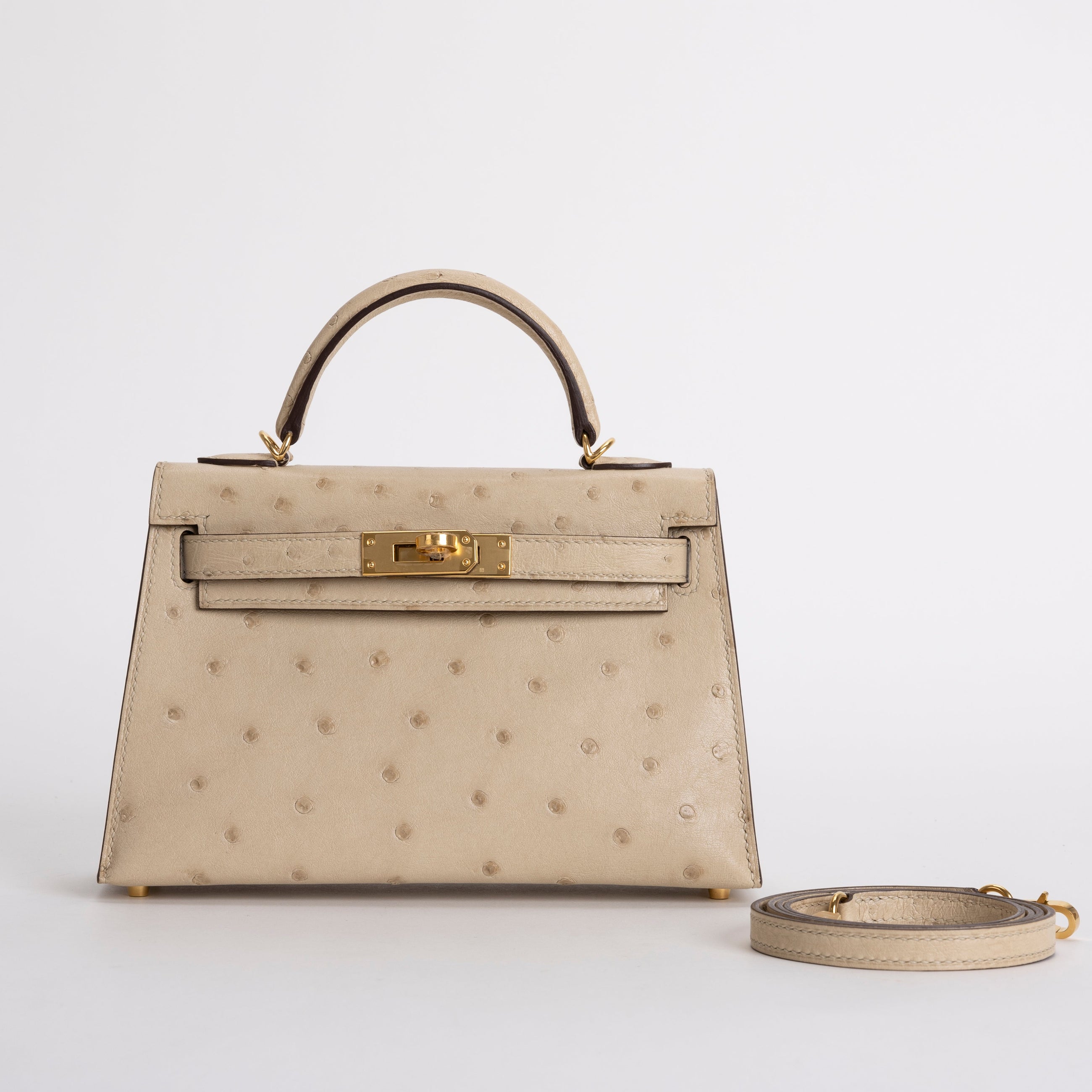 MINI KELLY II (20) OSTRICH LEATHER PARCHEMIN WITH GOLD HARDWARE (GHW)