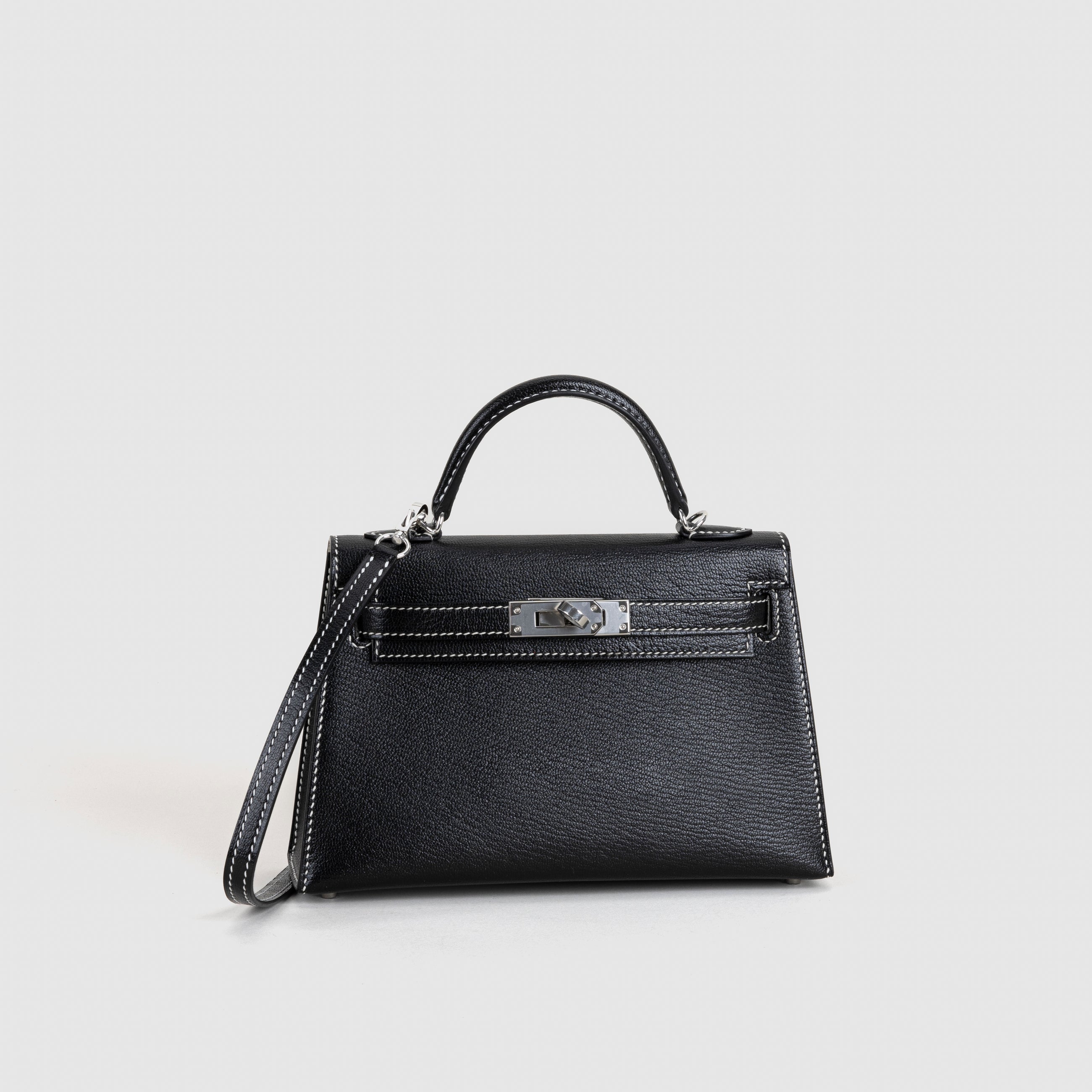 MINI KELLY II (20) CHEVRE LEATHER HORSESHOE STAMP (HSS) NOIR (BLACK) & GRIS PERLE WITH PALLADIUM HARDWARE (PHW)