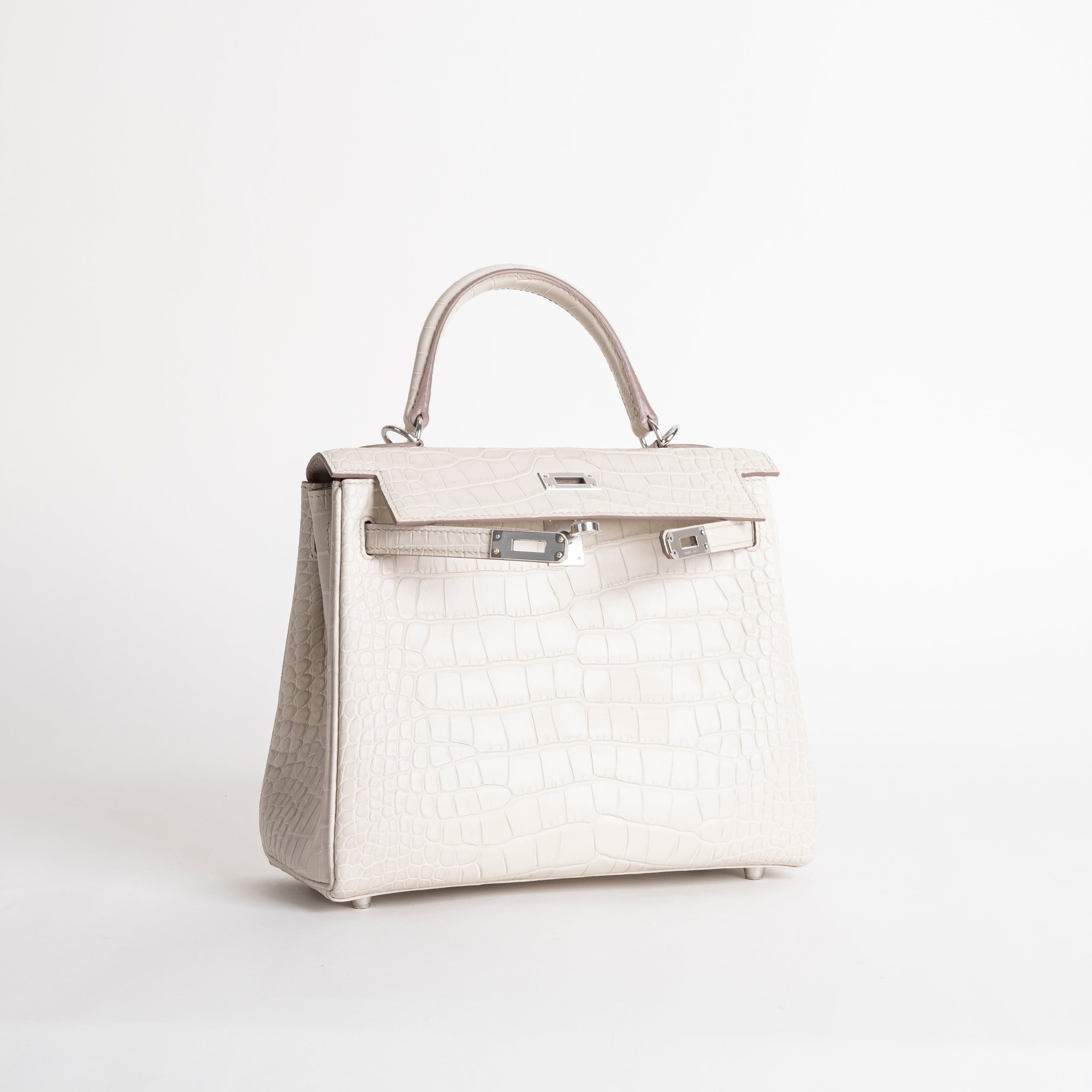 KELLY 25 MATTE MISSISSIPPIENSIS ALLIGATOR LEATHER BETON WITH PALLADIUM HARDWARE (PHW)