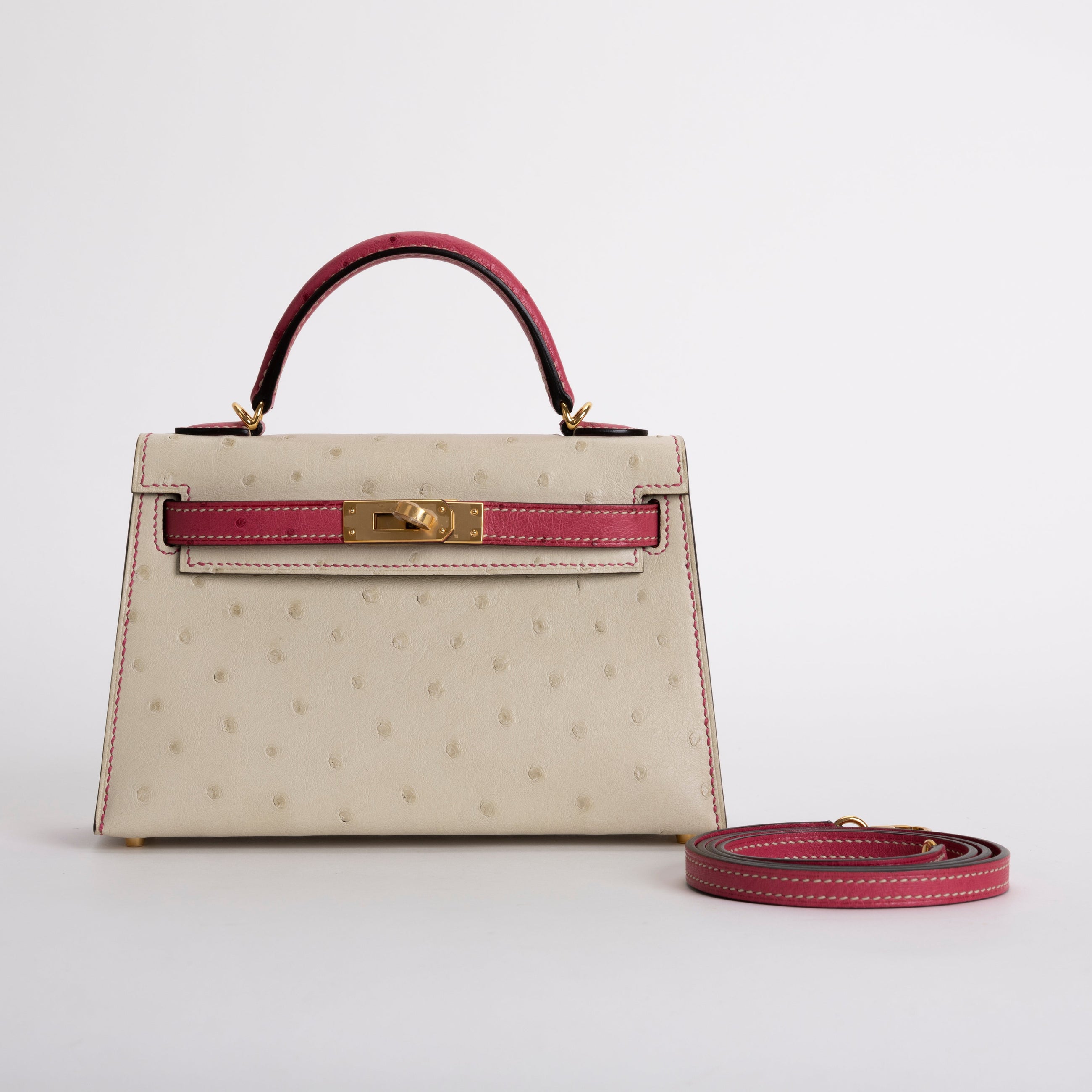 MINI KELLY II (20) OSTRICH LEATHER HORSESHOE STAMP (HSS) BI-COLOR PARCHEMIN & ROSE TYRIEN WITH GOLD HARDWARE (GHW)