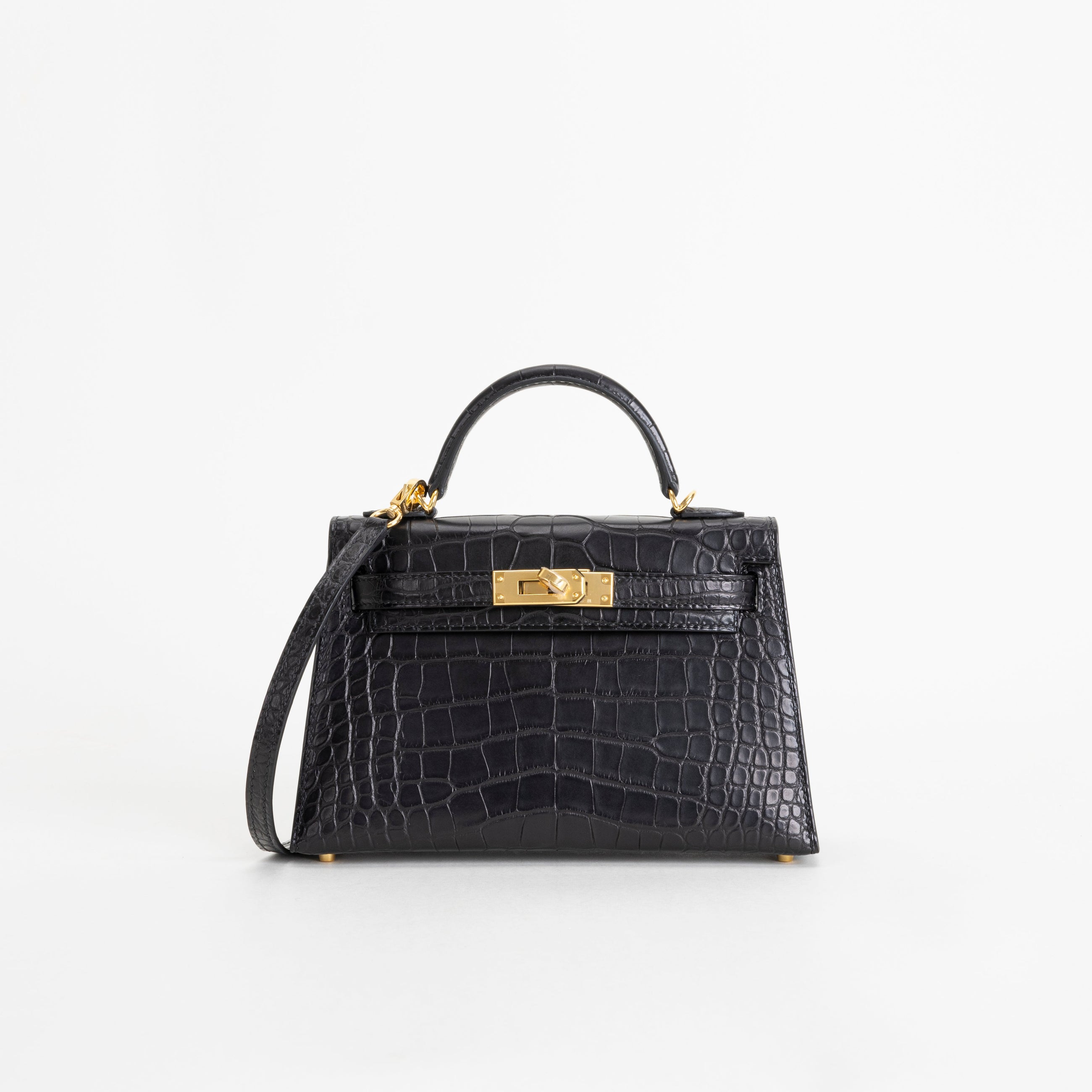 MINI KELLY II (20) MATTE MISSISSIPPIENSIS ALLIGATOR LEATHER NOIR (BLACK) WITH GOLD HARDWARE (GHW)