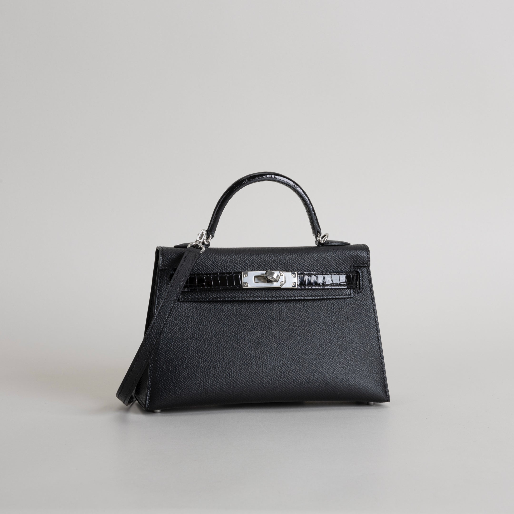 MINI KELLY II (20) TOUCH SHINY MISSISSIPPIENSIS ALLIGATOR LEATHER & EPSOM LEATHER NOIR (BLACK) WITH PALLADIUM HARDWARE (PHW)