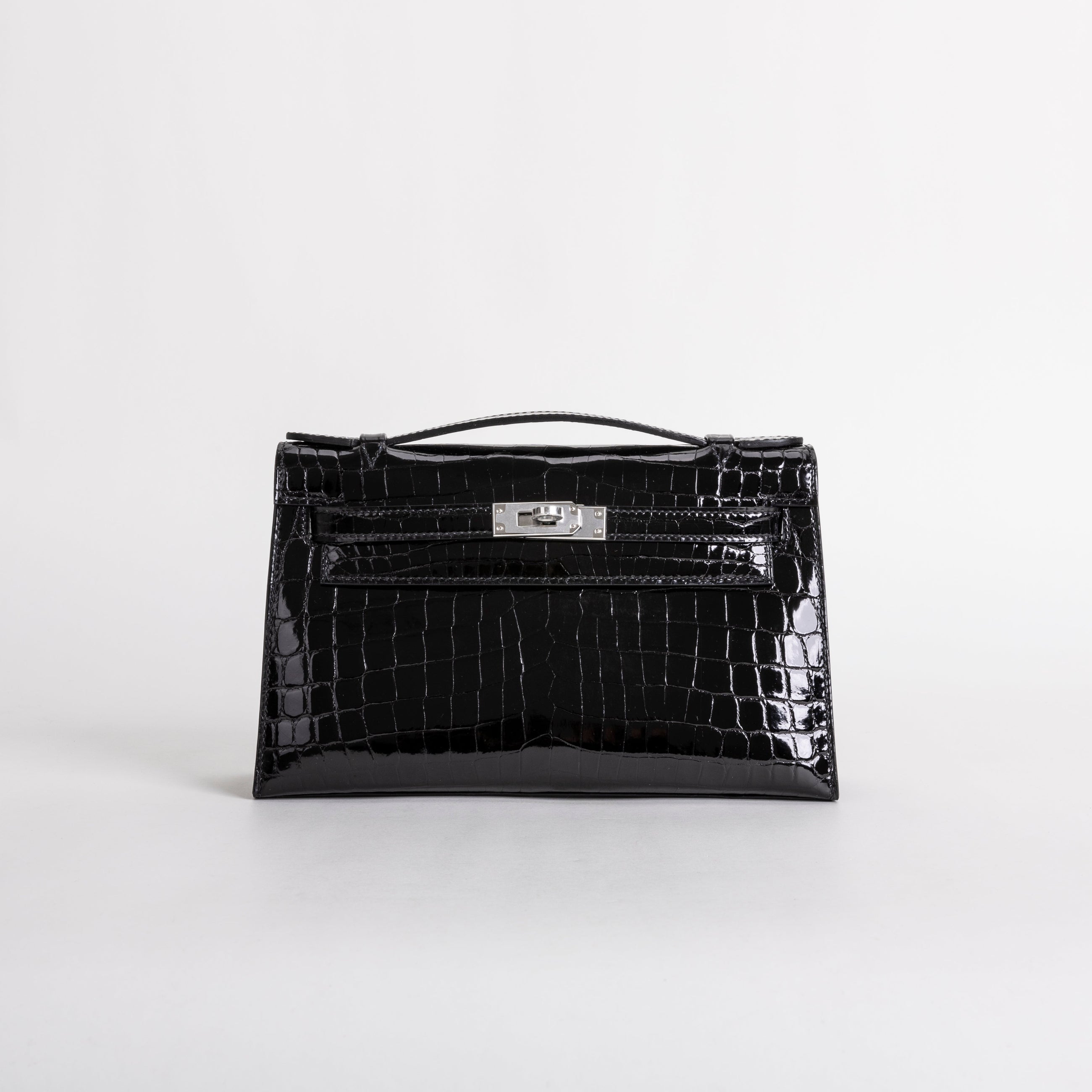 KELLY POCHETTE SHINY (LISSE) NILOTICUS CROCODILE LEATHER NOIR (BLACK) WITH PALLADIUM HARDWARE (PHW)