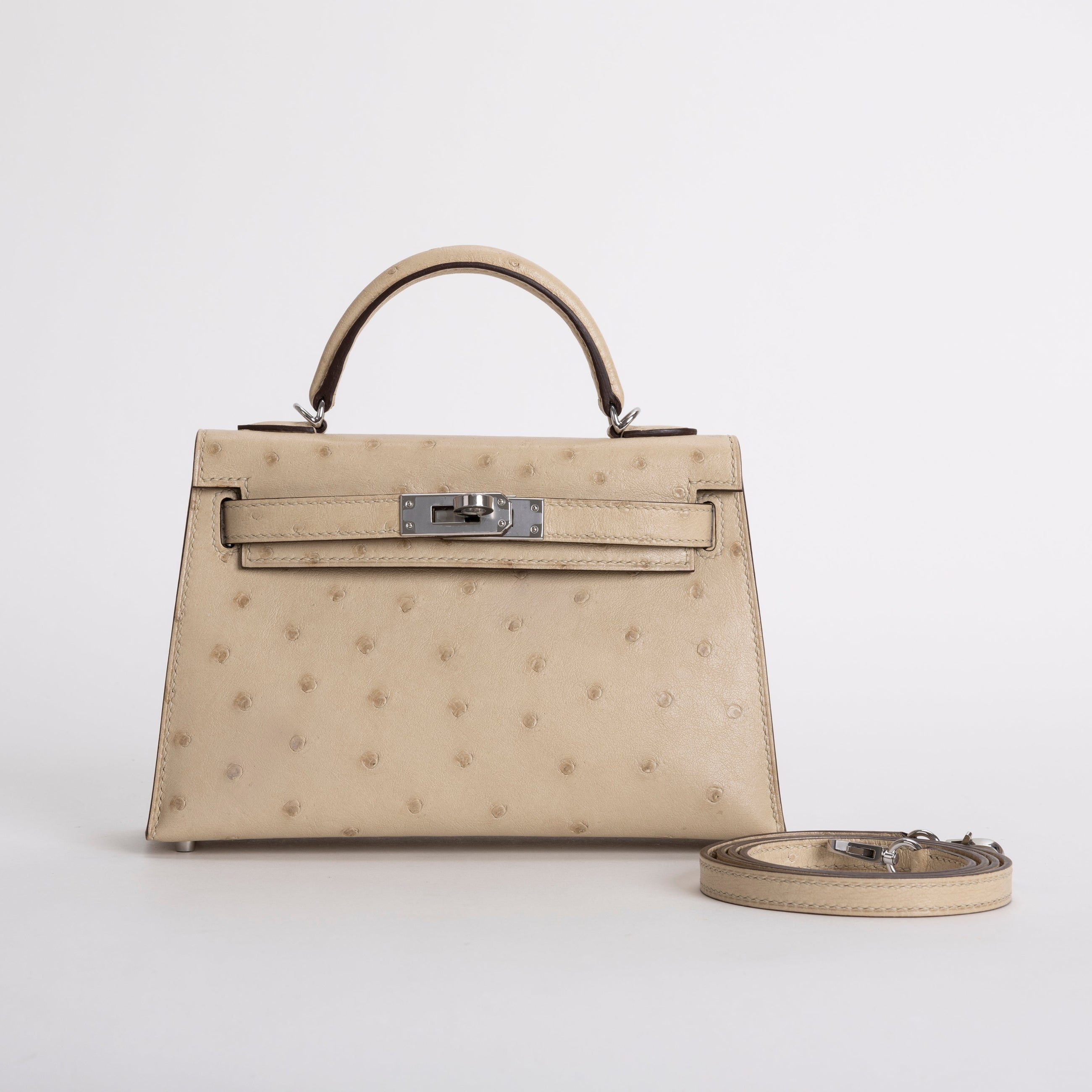 MINI KELLY II (20) OSTRICH LEATHER PARCHEMIN WITH PALLADIUM HARDWARE (PHW)