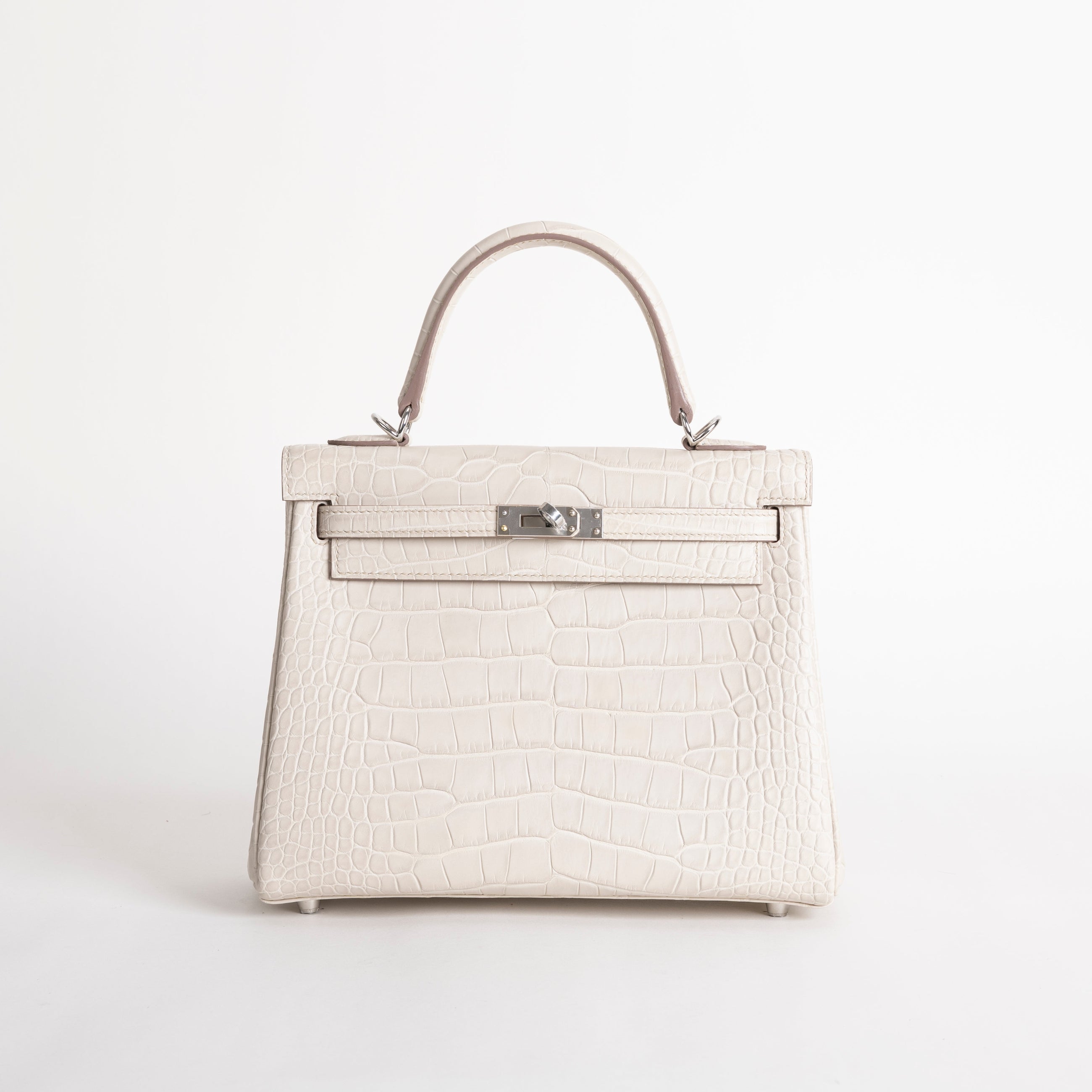 KELLY 25 MATTE MISSISSIPPIENSIS ALLIGATOR LEATHER BETON WITH PALLADIUM HARDWARE (PHW)