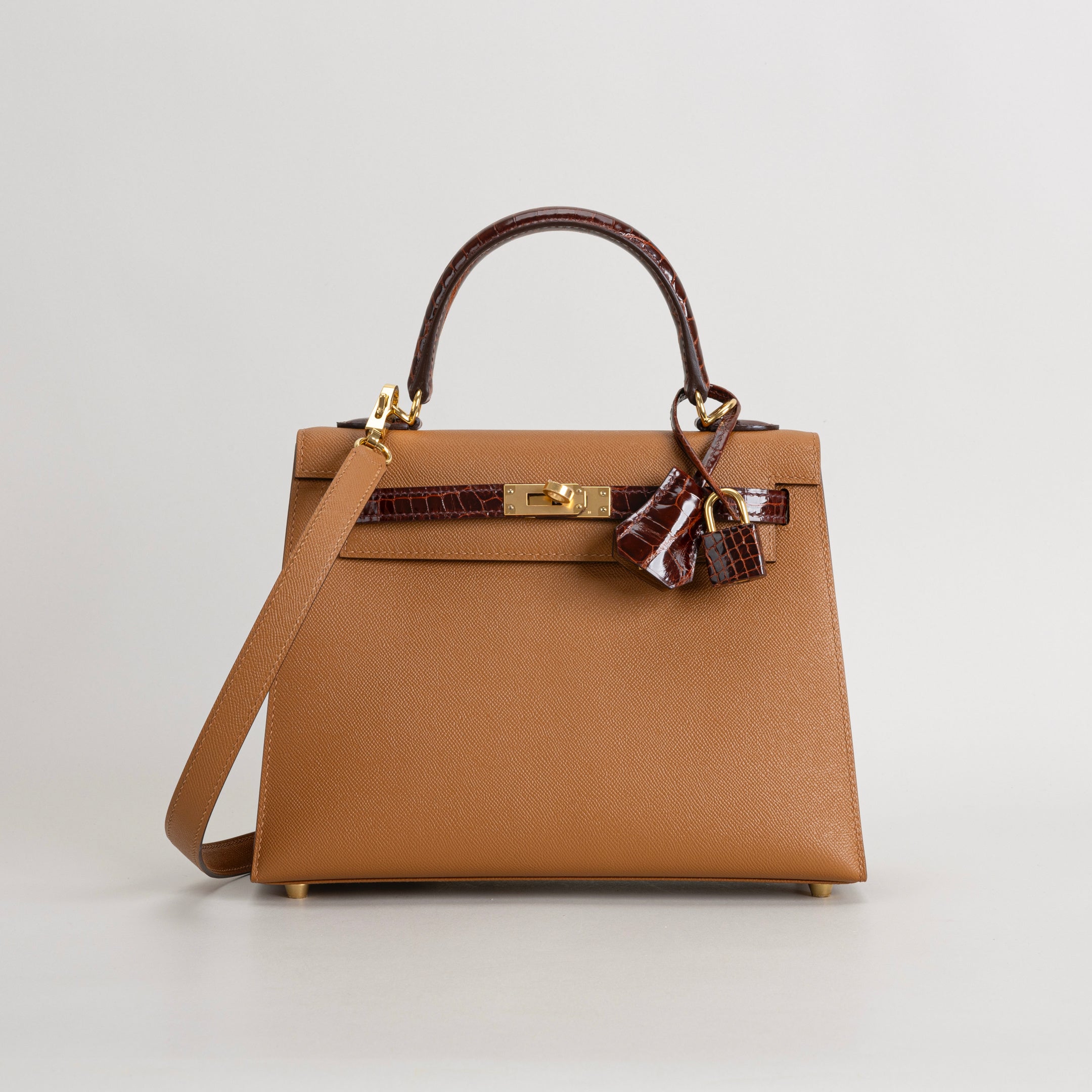 KELLY 25 SHINY (LISSE) TOUCH SHINY MISSISSIPPIENSIS ALLIGATOR LEATHER MIEL & EPSOM LEATHER GOLD WITH GOLD HARDWARE (GHW)