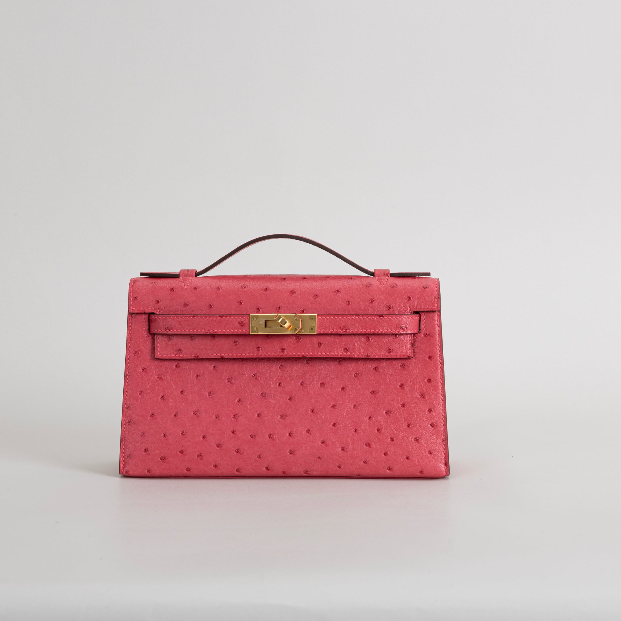 KELLY POCHETTE OSTRICH LEATHER ROSE TYRIEN WITH GOLD HARDWARE (GHW)