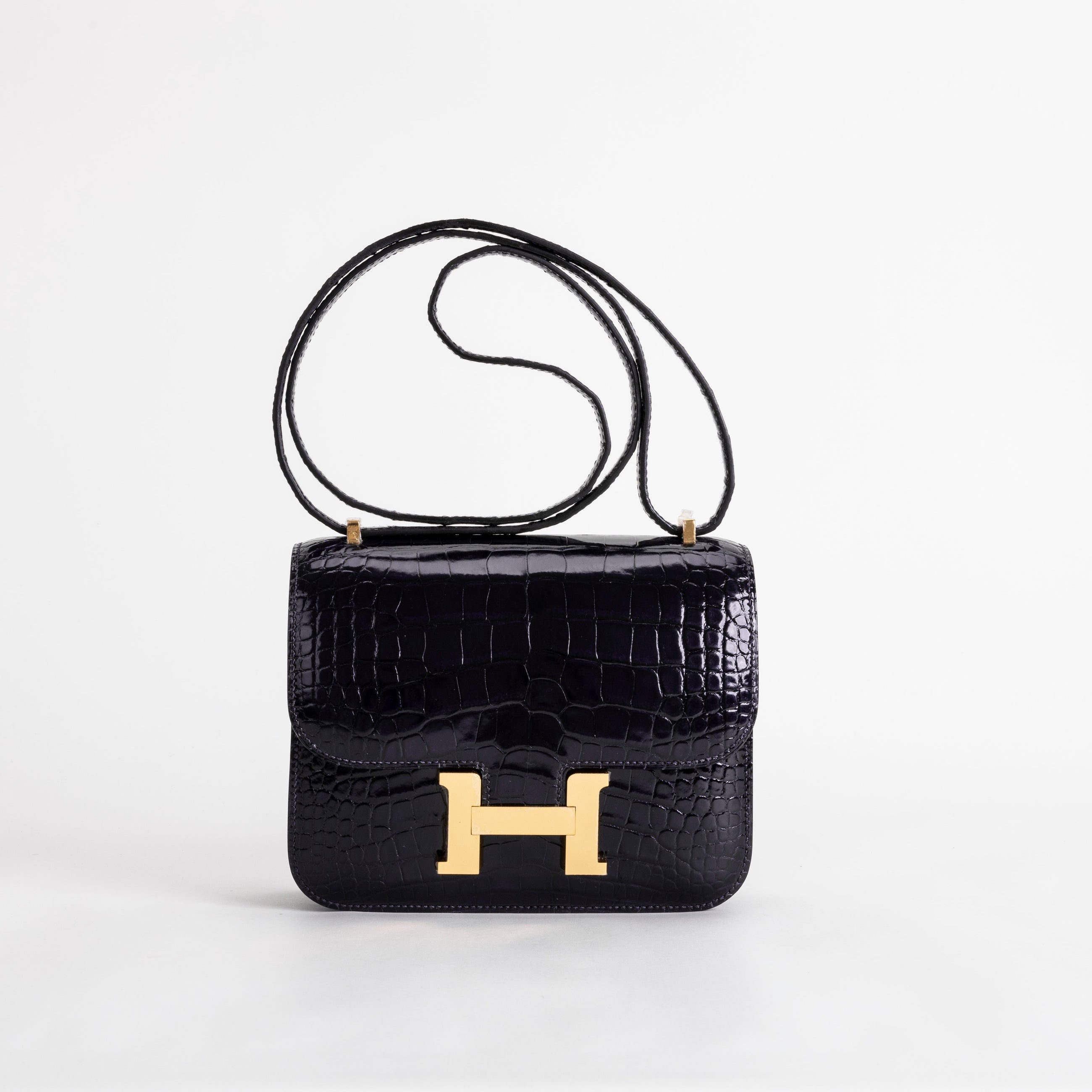 CONSTANCE 18 (MINI) SHINY MISSISSIPPIENSIS ALLIGATOR LEATHER NOIR (BLACK) WITH GOLD HARDWARE (GHW)
