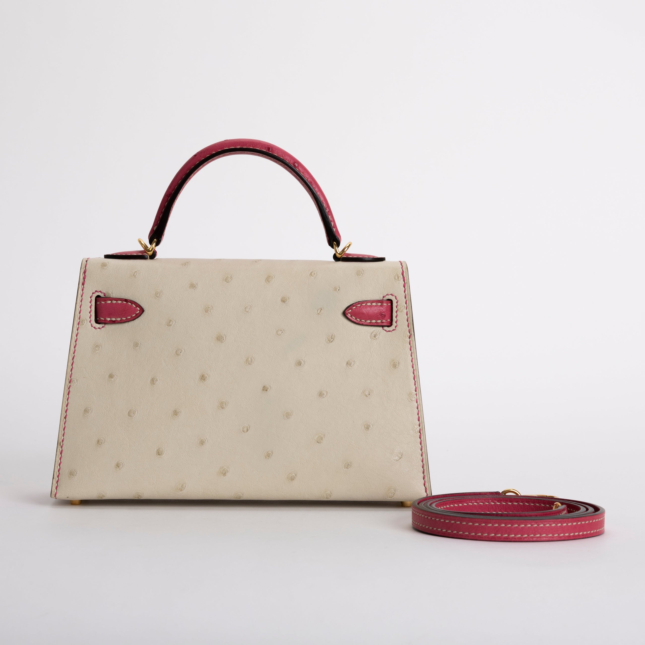 MINI KELLY II (20) OSTRICH LEATHER HORSESHOE STAMP (HSS) BI-COLOR PARCHEMIN & ROSE TYRIEN WITH GOLD HARDWARE (GHW)