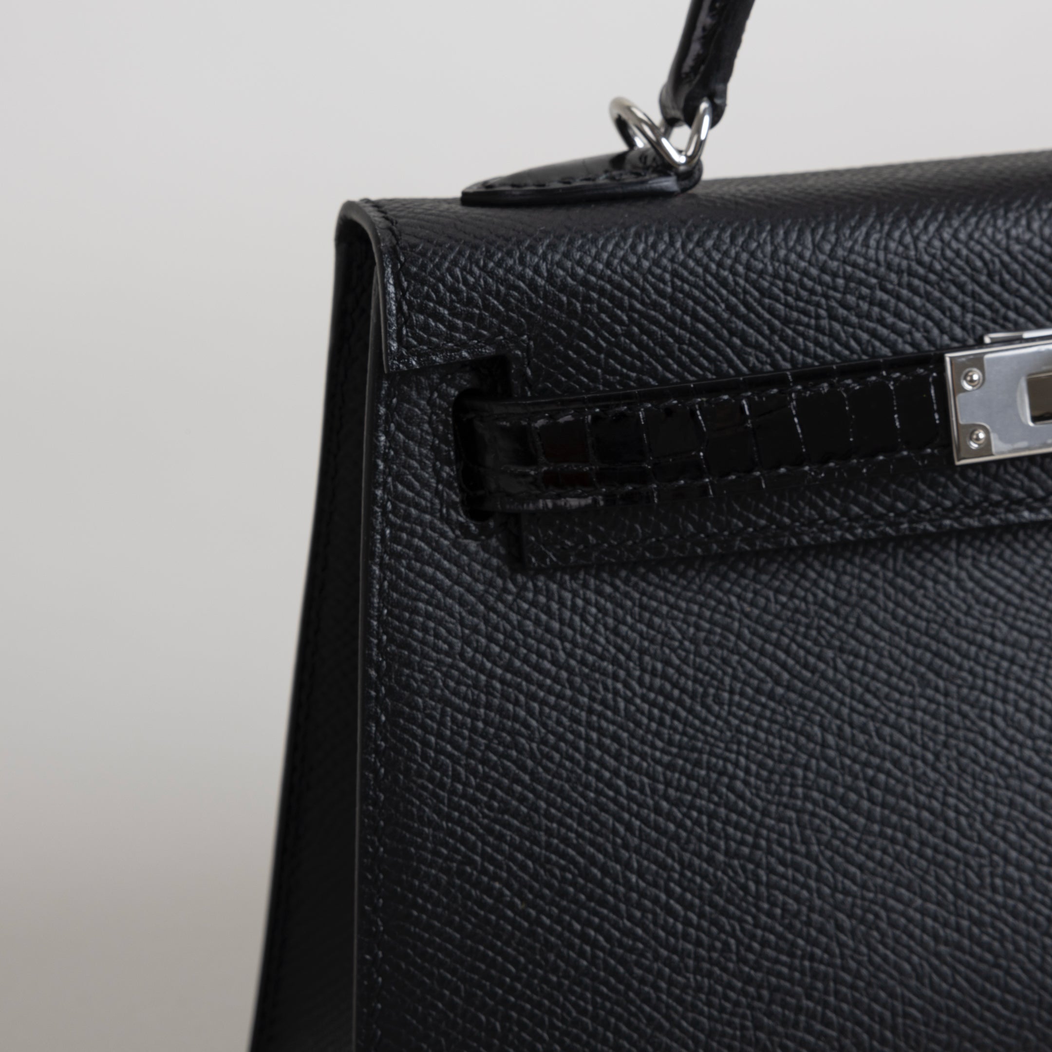 MINI KELLY II (20) TOUCH SHINY MISSISSIPPIENSIS ALLIGATOR LEATHER & EPSOM LEATHER NOIR (BLACK) WITH PALLADIUM HARDWARE (PHW)