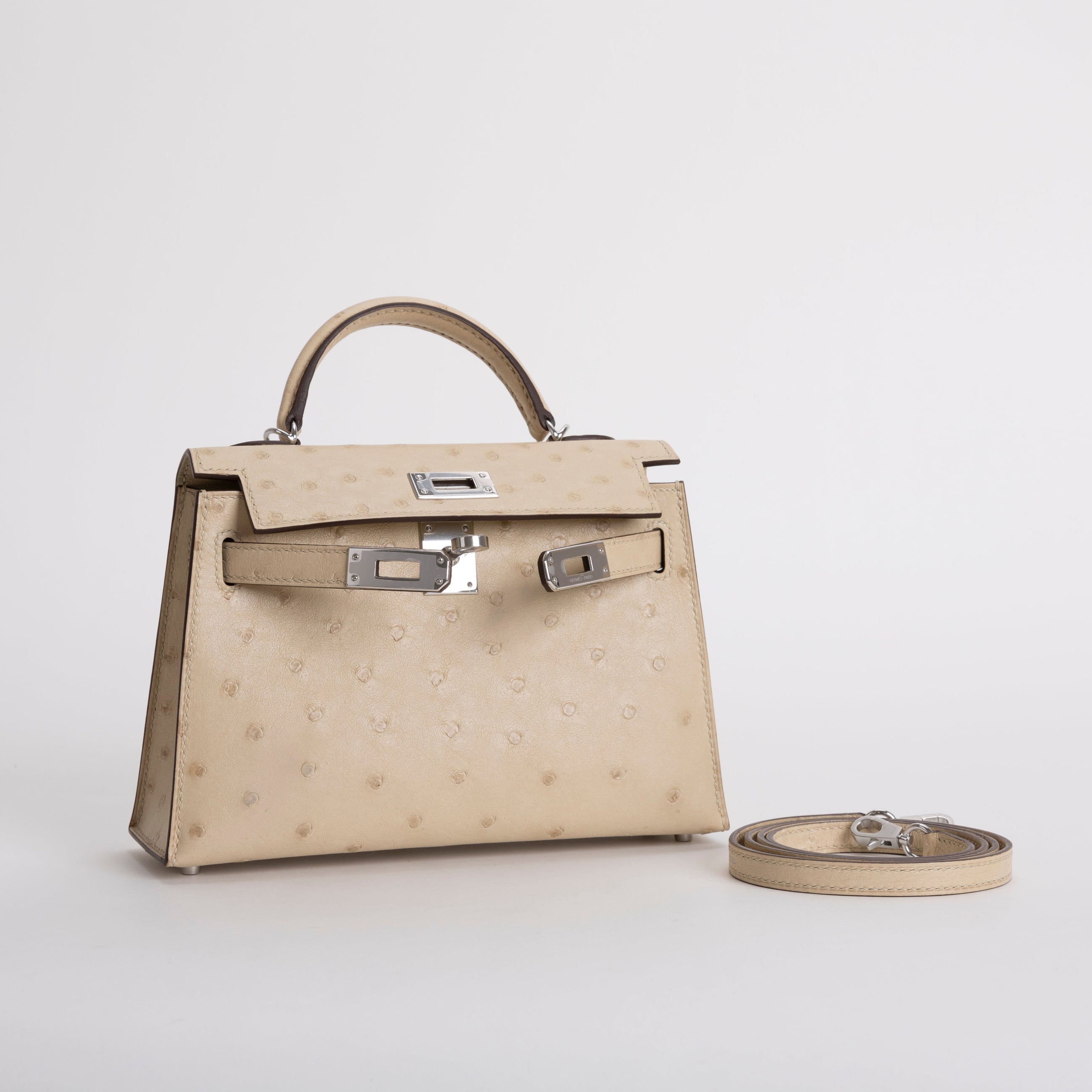 MINI KELLY II (20) OSTRICH LEATHER PARCHEMIN WITH PALLADIUM HARDWARE (PHW)