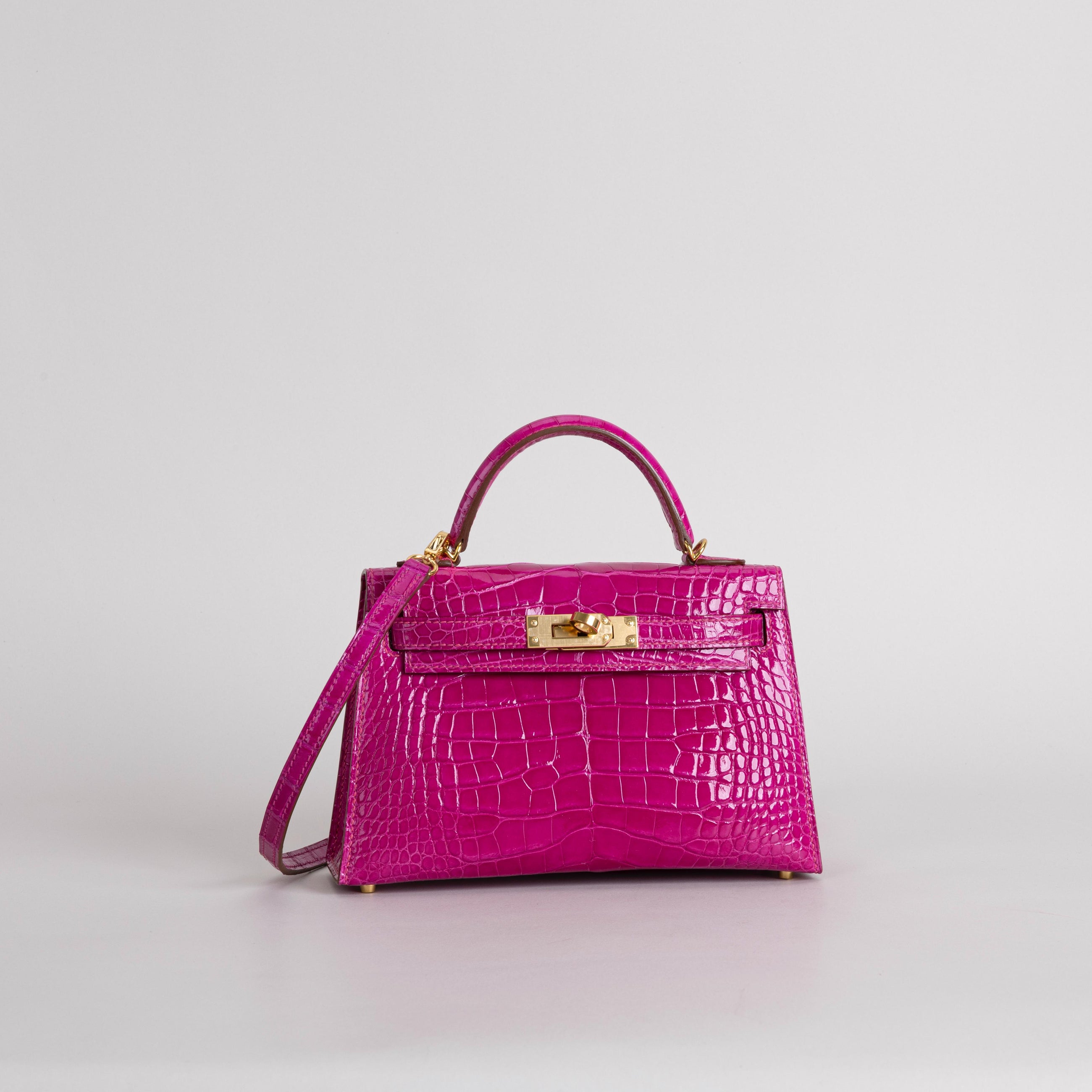 MINI KELLY II (20) SHINY (LISSE) MISSISSIPPIENSIS ALLIGATOR LEATHER ROSE SCHEHERAZADE WITH GOLD HARDWARE (GHW)
