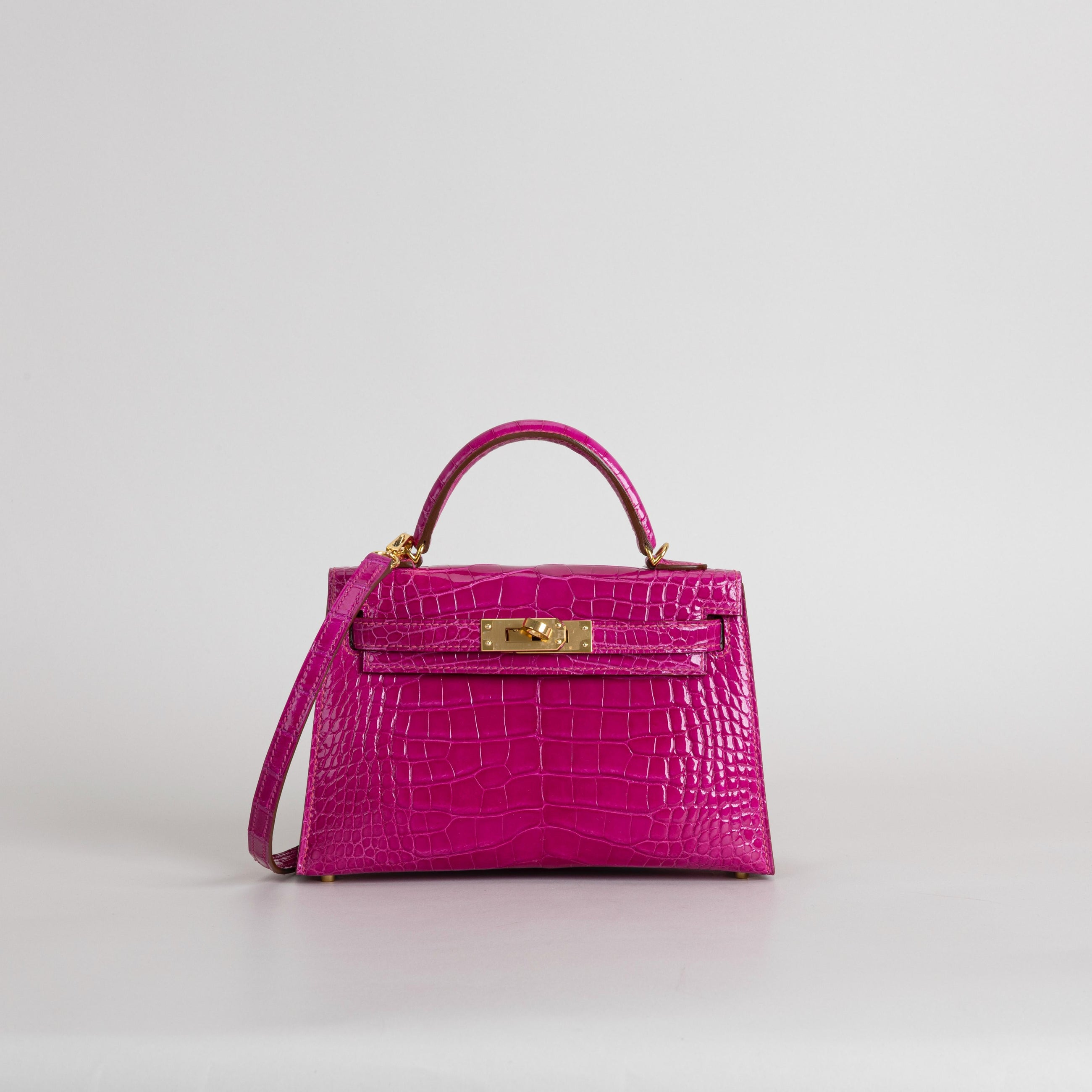 MINI KELLY II (20) SHINY (LISSE) MISSISSIPPIENSIS ALLIGATOR LEATHER ROSE SCHEHERAZADE WITH GOLD HARDWARE (GHW)
