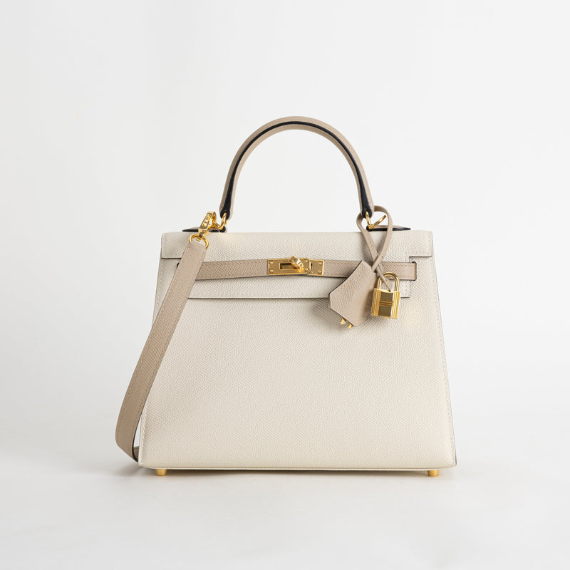 KELLY 25 EPSOM LEATHER HORSESHOE STAMP (HSS) BI-COLOR CRAIE & TRENCH WITH GOLD HARDWARE (GHW)