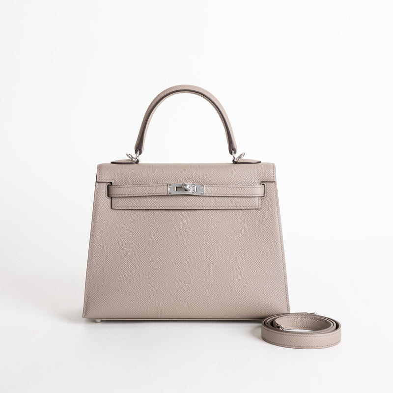 KELLY 25 EPSOM LEATHER GRIS ASPHALTE WITH PALLADIUM HARDWARE (PHW)