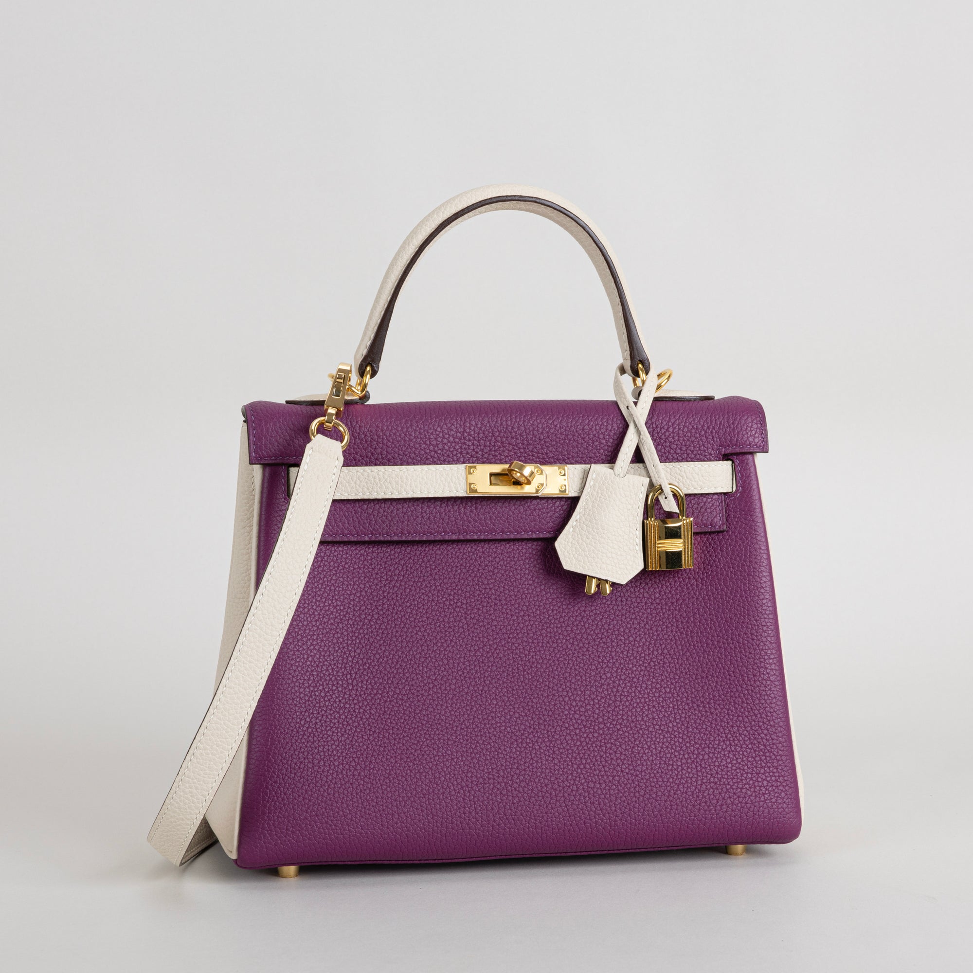 KELLY 25 TOGO LEATHER HORSESHOE STAMP (HSS) BI-COLOR ANEMONE & CRAIE WITH GOLD HARDWARE (GHW)