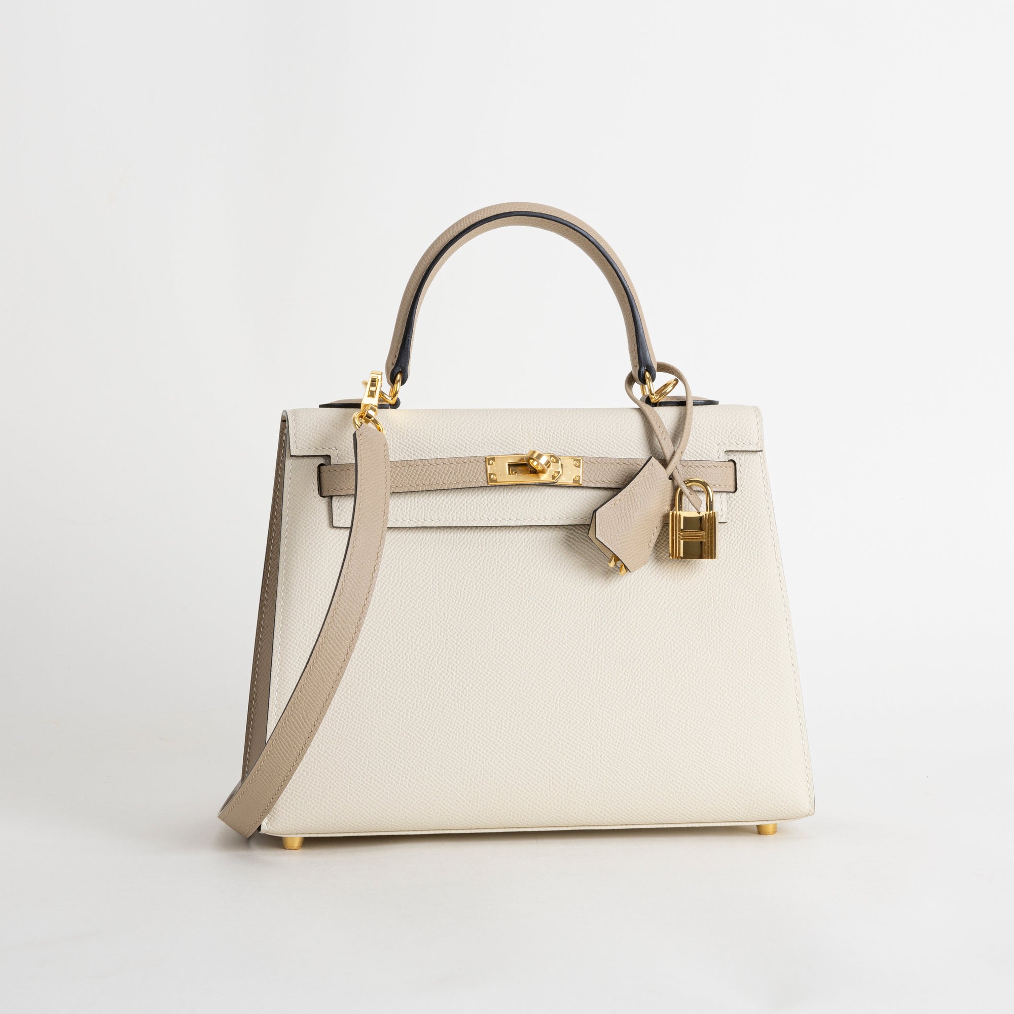 KELLY 25 EPSOM LEATHER HORSESHOE STAMP (HSS) BI-COLOR CRAIE & TRENCH WITH GOLD HARDWARE (GHW)