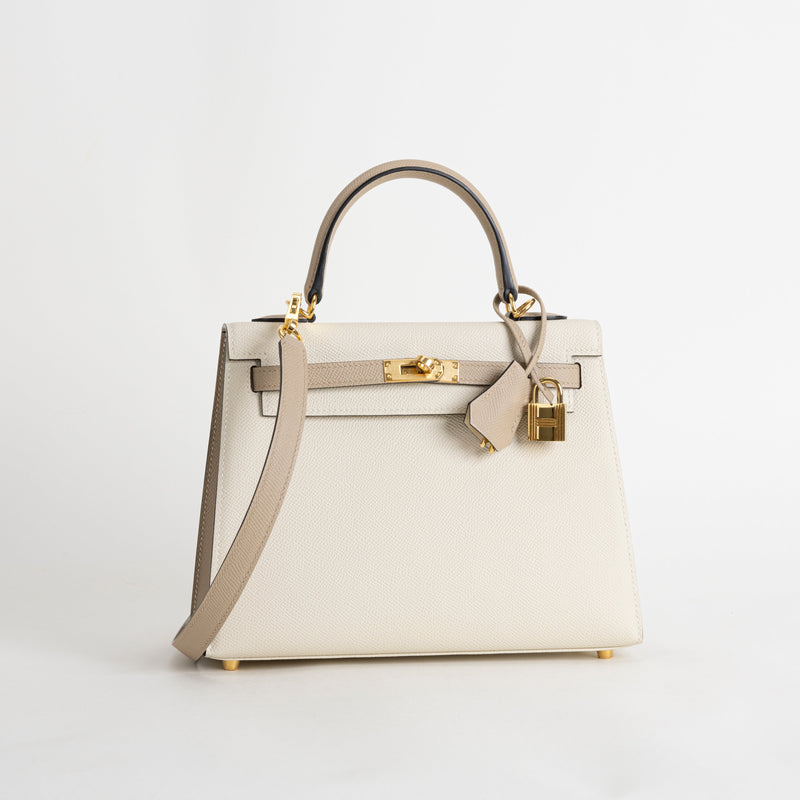 KELLY 25 EPSOM LEATHER HORSESHOE STAMP (HSS) BI-COLOR CRAIE & TRENCH WITH GOLD HARDWARE (GHW)