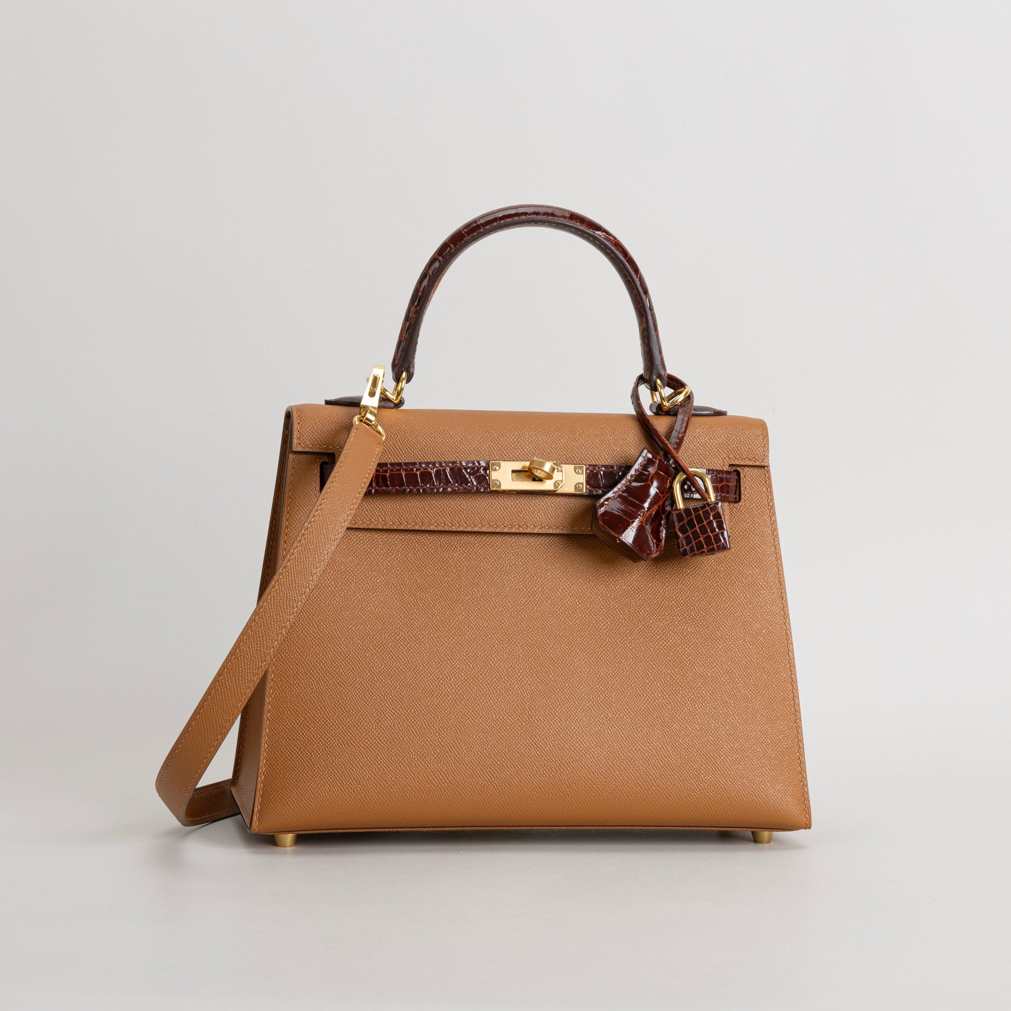 KELLY 25 SHINY (LISSE) TOUCH SHINY MISSISSIPPIENSIS ALLIGATOR LEATHER MIEL & EPSOM LEATHER GOLD WITH GOLD HARDWARE (GHW)