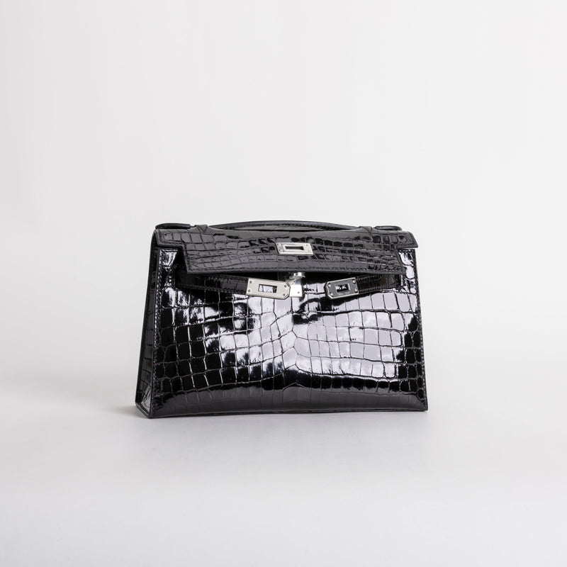 KELLY POCHETTE SHINY (LISSE) NILOTICUS CROCODILE LEATHER NOIR (BLACK) WITH PALLADIUM HARDWARE (PHW)