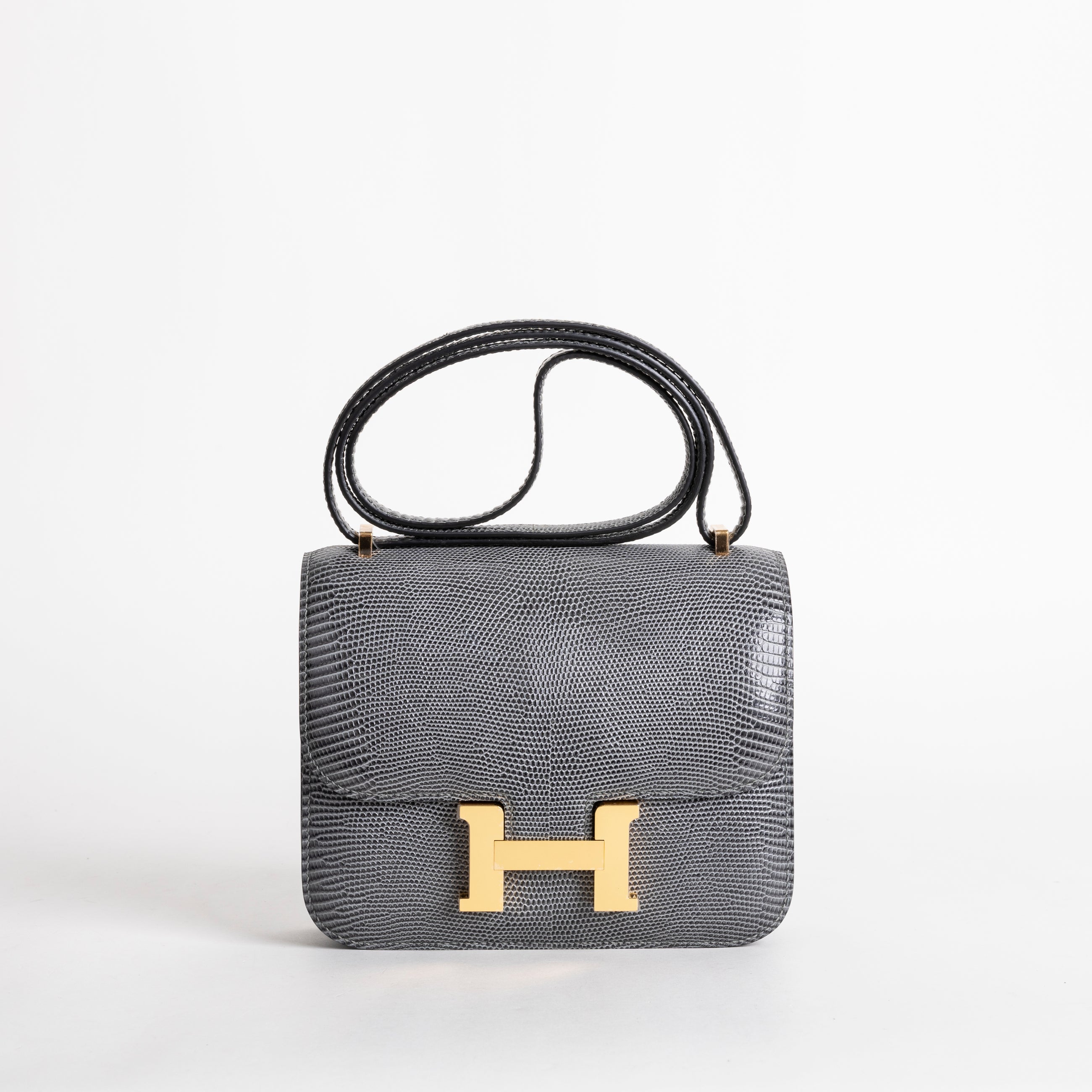 CONSTANCE 18 (MINI) LIZARD LEATHER GRIS FONCE WITH GOLD HARDWARE (GHW)