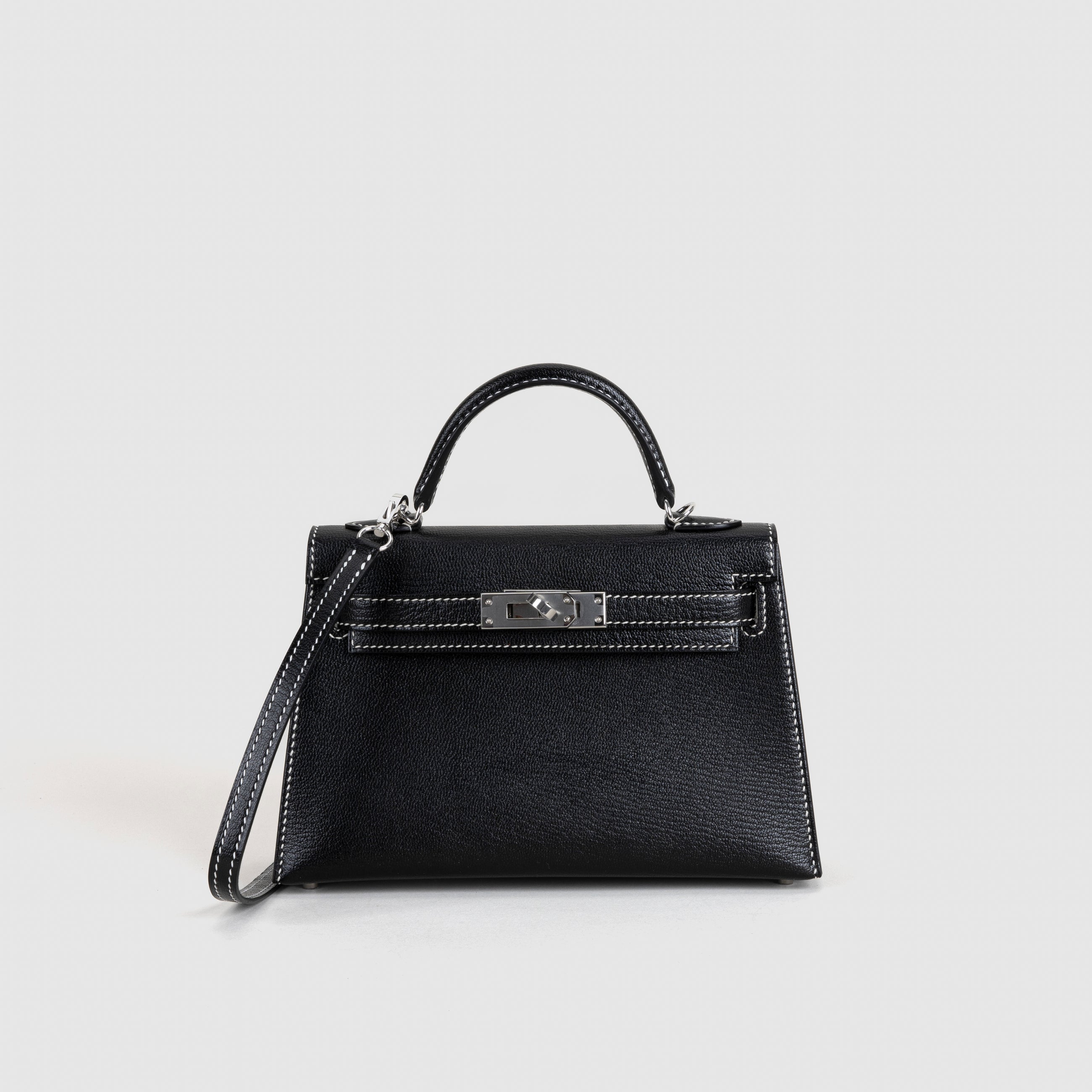 MINI KELLY II (20) CHEVRE LEATHER HORSESHOE STAMP (HSS) NOIR (BLACK) & GRIS PERLE WITH PALLADIUM HARDWARE (PHW)