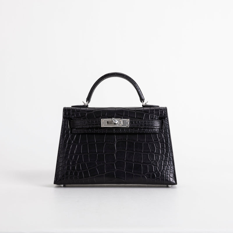 MINI KELLY II (20) MATTE MISSISSIPPIENSIS ALLIGATOR LEATHER NOIR (BLACK) WITH PALLADIUM HARDWARE (PHW)