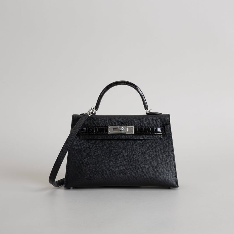 MINI KELLY II (20) TOUCH SHINY MISSISSIPPIENSIS ALLIGATOR LEATHER & EPSOM LEATHER NOIR (BLACK) WITH PALLADIUM HARDWARE (PHW)