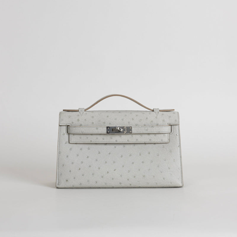 KELLY POCHETTE OSTRICH LEATHER GRIS PERLE WITH PALLADIUM HARDWARE (PHW)