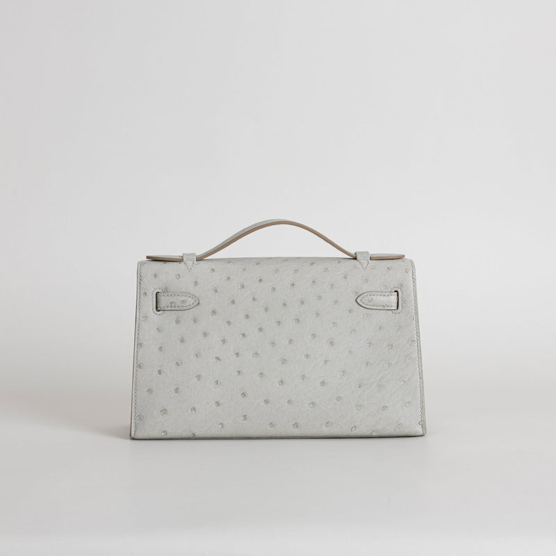 KELLY POCHETTE OSTRICH LEATHER GRIS PERLE WITH PALLADIUM HARDWARE (PHW)