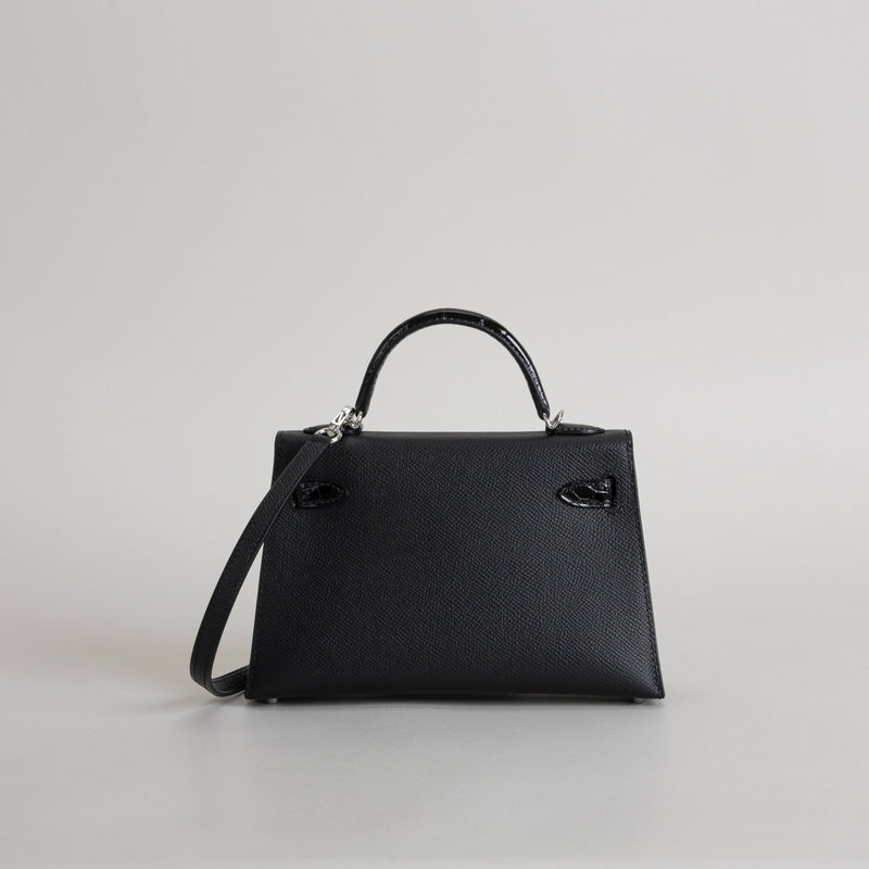 MINI KELLY II (20) TOUCH SHINY MISSISSIPPIENSIS ALLIGATOR LEATHER & EPSOM LEATHER NOIR (BLACK) WITH PALLADIUM HARDWARE (PHW)
