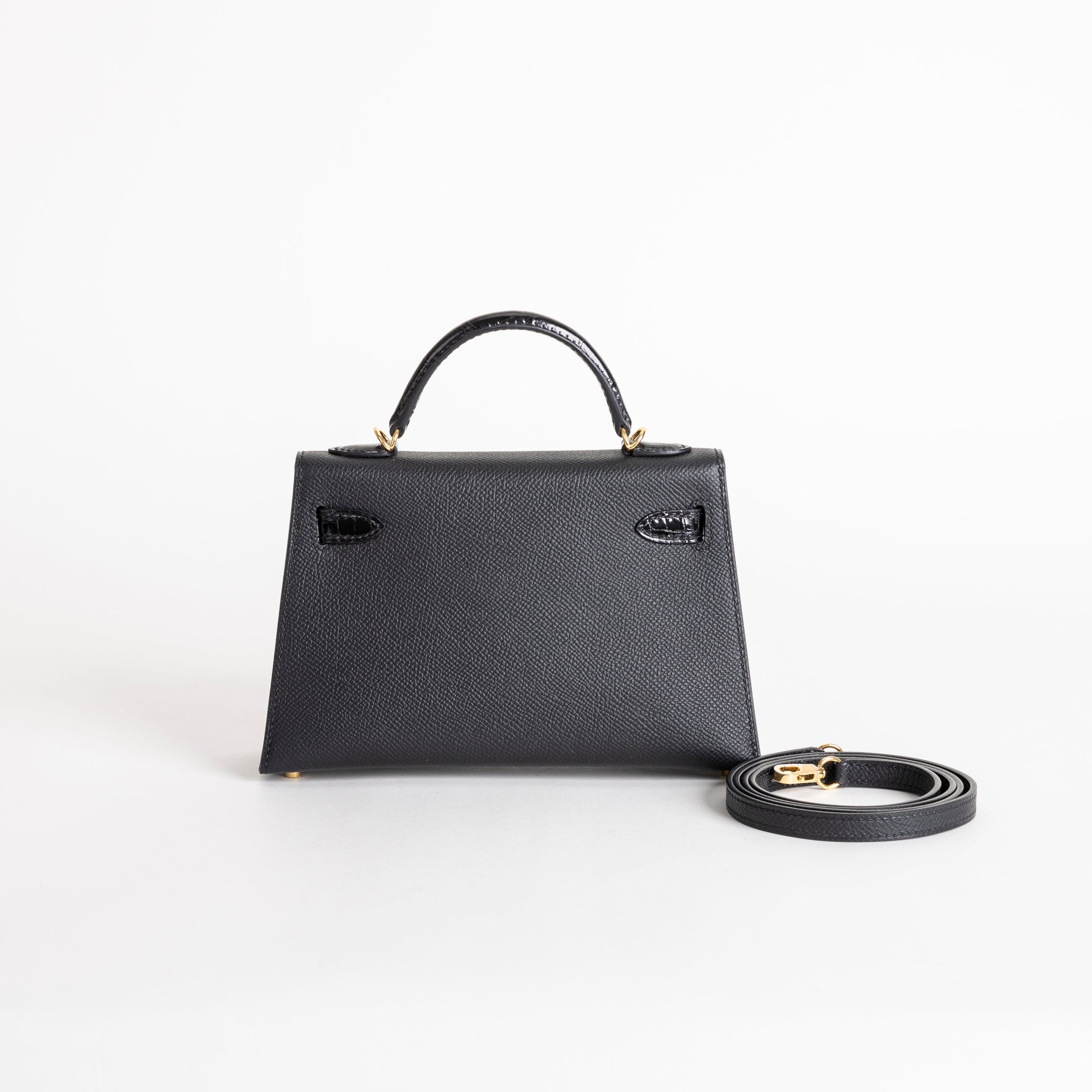 MINI KELLY II (20) TOUCH SHINY MISSISSIPPIENSIS ALLIGATOR LEATHER & EPSOM LEATHER NOIR (BLACK) WITH GOLD HARDWARE (GHW)