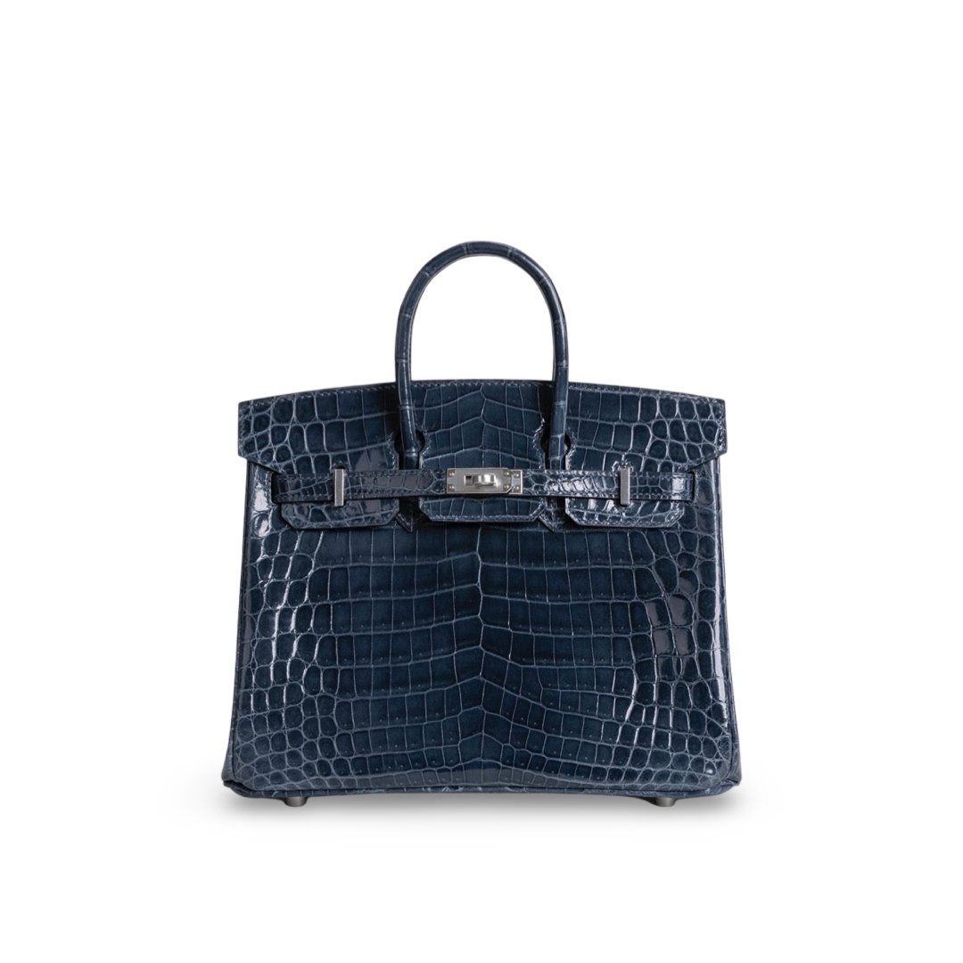 BIRKIN 25 SHINY NILOTICUS CROCODILE LEATHER BLEU TEMPETE WITH PALLADIUM HARDWARE (PHW)