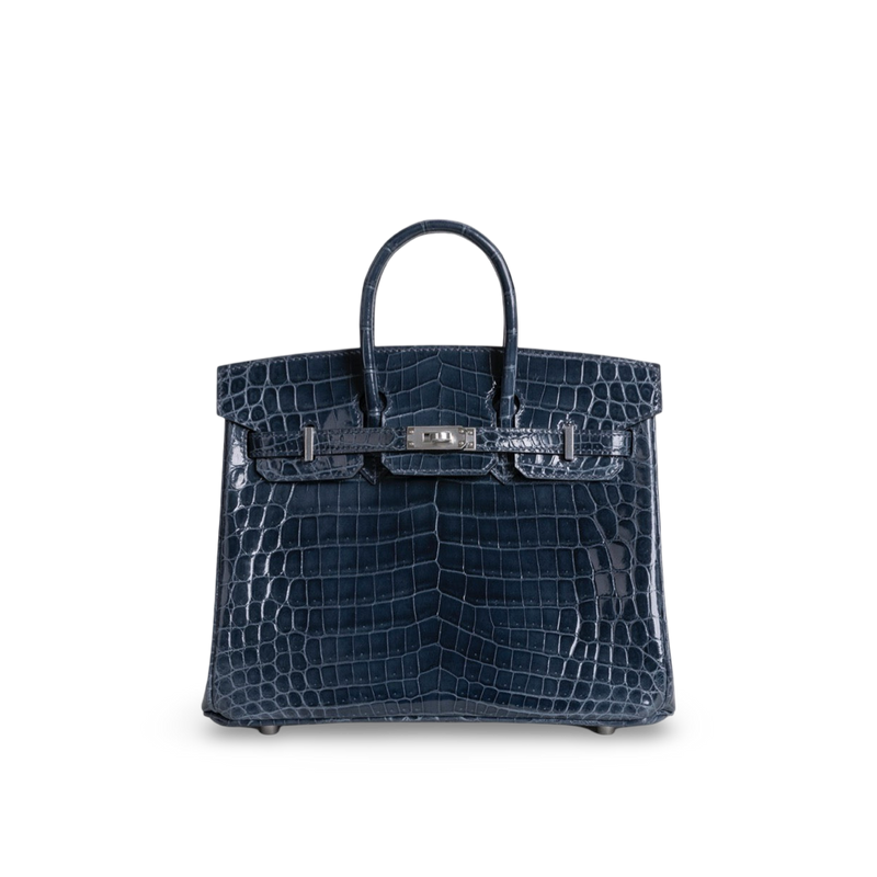 BIRKIN 25 SHINY NILOTICUS CROCODILE LEATHER BLEU TEMPETE WITH PALLADIUM HARDWARE (PHW)