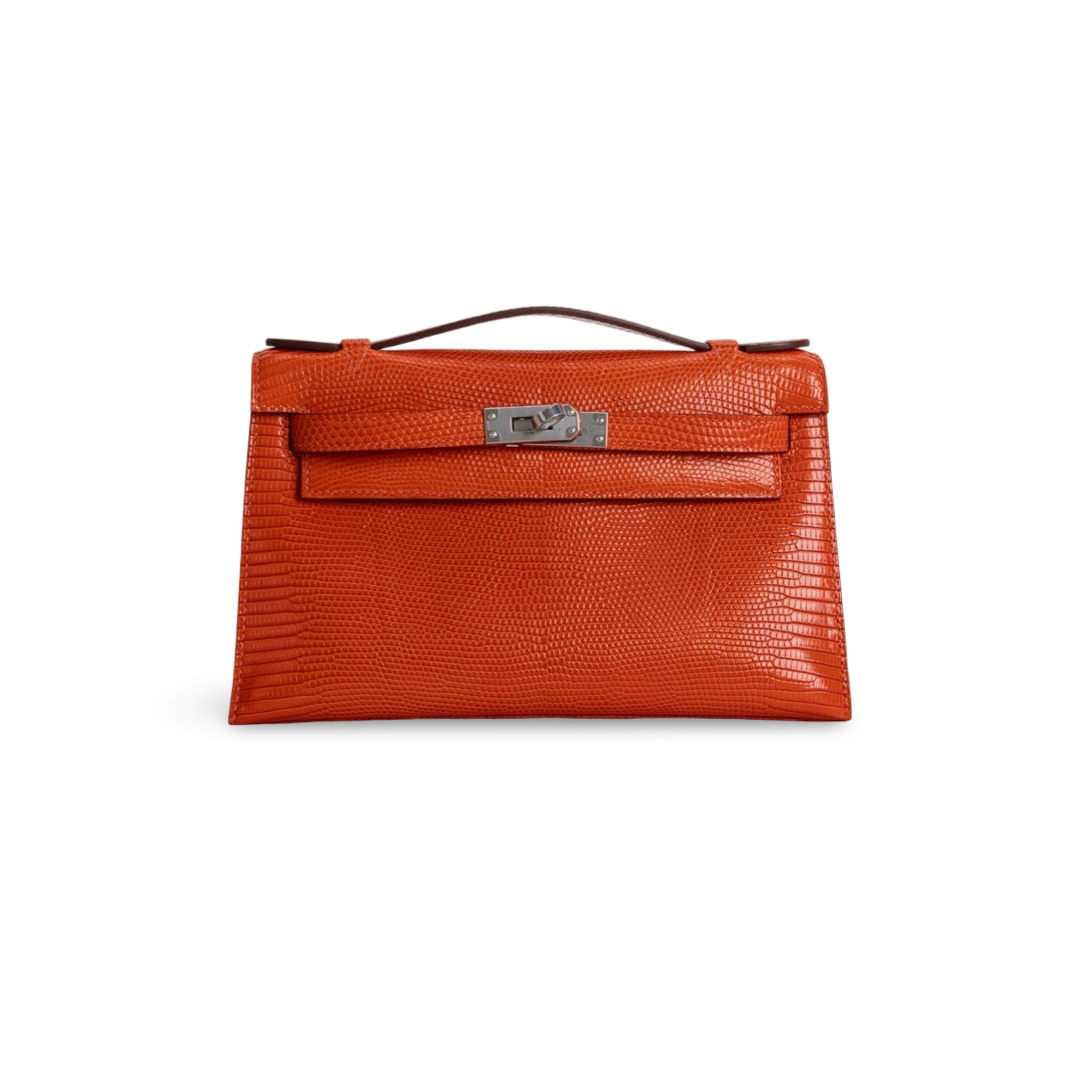 KELLY POCHETTE LIZARD LEATHER ORANGE WITH PALLADIUM HARDWARE (PHW)