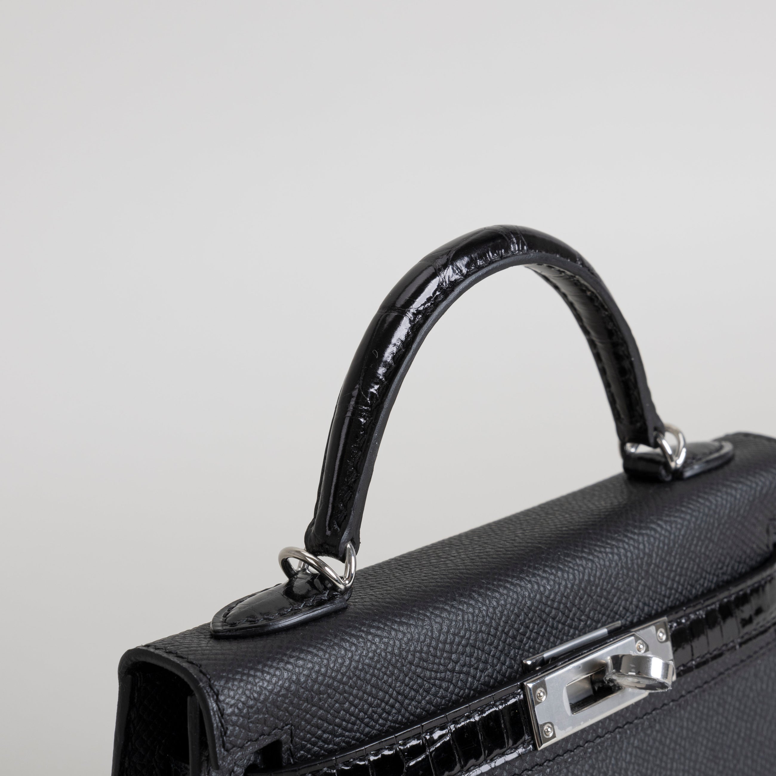 MINI KELLY II (20) TOUCH SHINY MISSISSIPPIENSIS ALLIGATOR LEATHER & EPSOM LEATHER NOIR (BLACK) WITH PALLADIUM HARDWARE (PHW)
