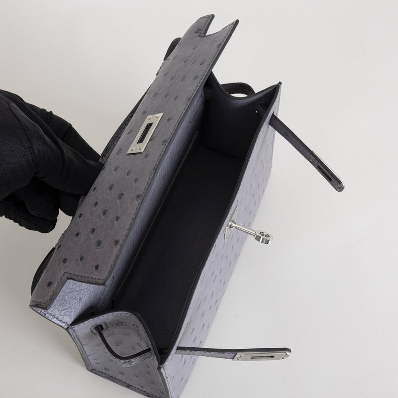 KELLY POCHETTE OSTRICH LEATHER GRIS AGATE WITH PALLADIUM HARDWARE (PHW)