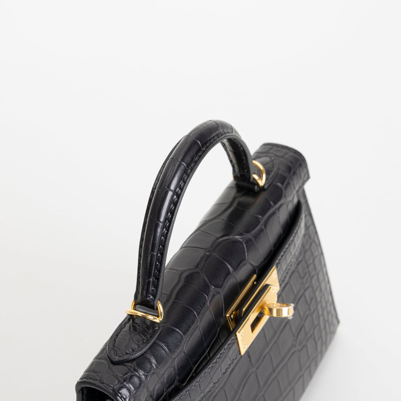 MINI KELLY II (20) MATTE MISSISSIPPIENSIS ALLIGATOR LEATHER NOIR (BLACK) WITH GOLD HARDWARE (GHW)