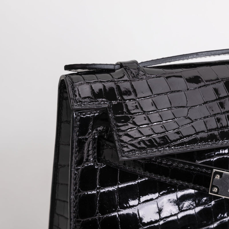 KELLY POCHETTE SHINY (LISSE) NILOTICUS CROCODILE LEATHER NOIR (BLACK) WITH PALLADIUM HARDWARE (PHW)