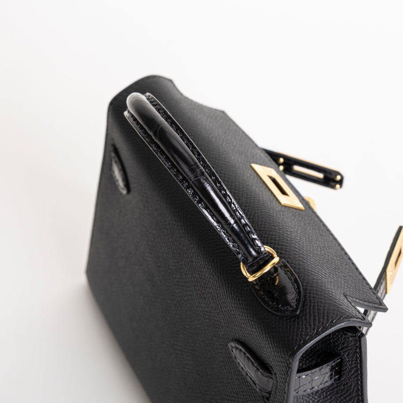 MINI KELLY II (20) TOUCH SHINY MISSISSIPPIENSIS ALLIGATOR LEATHER & EPSOM LEATHER NOIR (BLACK) WITH GOLD HARDWARE (GHW)