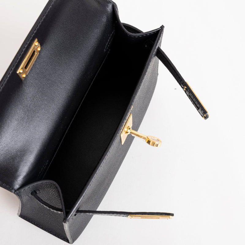 MINI KELLY II (20) TOUCH SHINY MISSISSIPPIENSIS ALLIGATOR LEATHER & EPSOM LEATHER NOIR (BLACK) WITH GOLD HARDWARE (GHW)