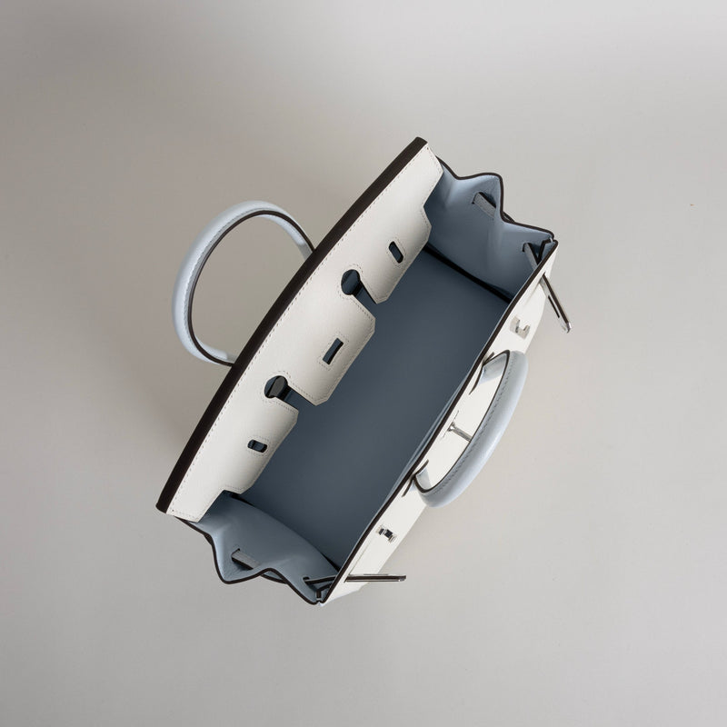 BIRKIN 25 CHEVRE LEATHER HORSESHOE STAMP (HSS) BI-COLOR BETON & BLEU BRUME WITH PALLADIUM HARDWARE (PHW)