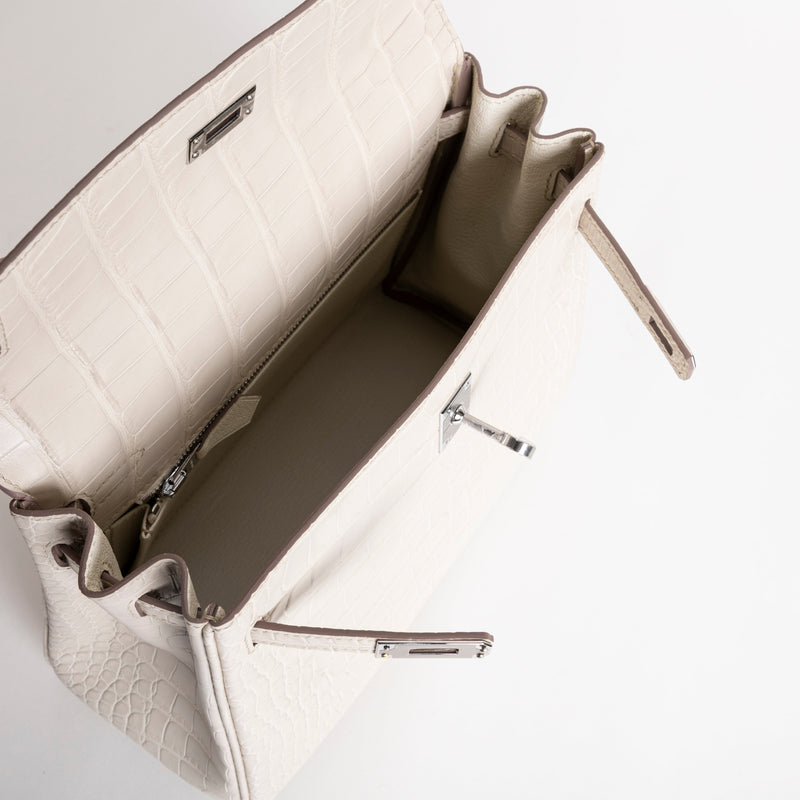 KELLY 25 MATTE MISSISSIPPIENSIS ALLIGATOR LEATHER BETON WITH PALLADIUM HARDWARE (PHW)