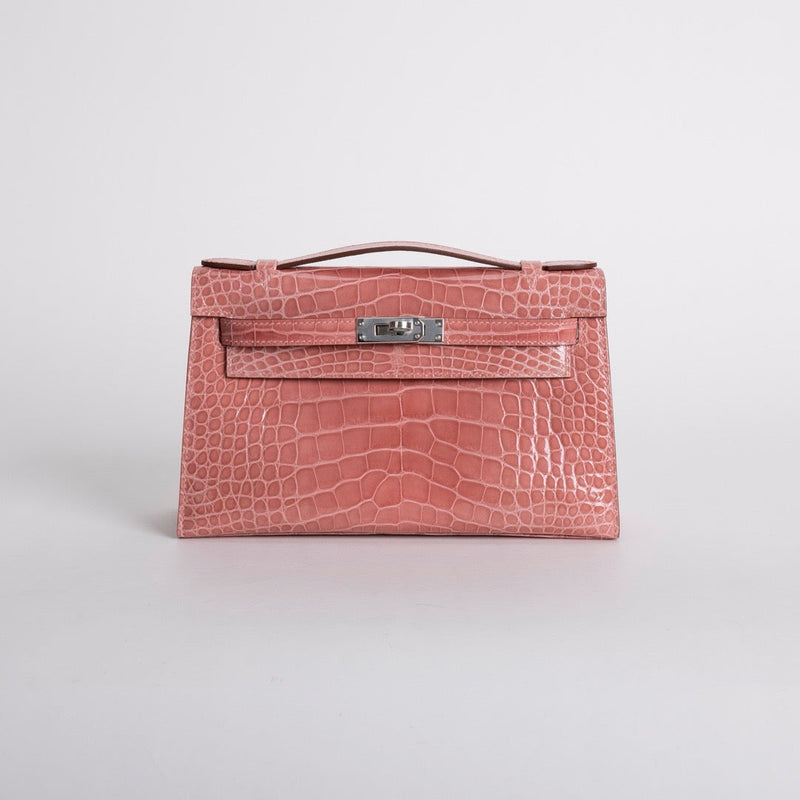 KELLY POCHETTE SHINY MISSISSIPPIENSIS ALLIGATOR LEATHER TERRE CUITE WITH PALLADIUM HARDWARE (PHW)