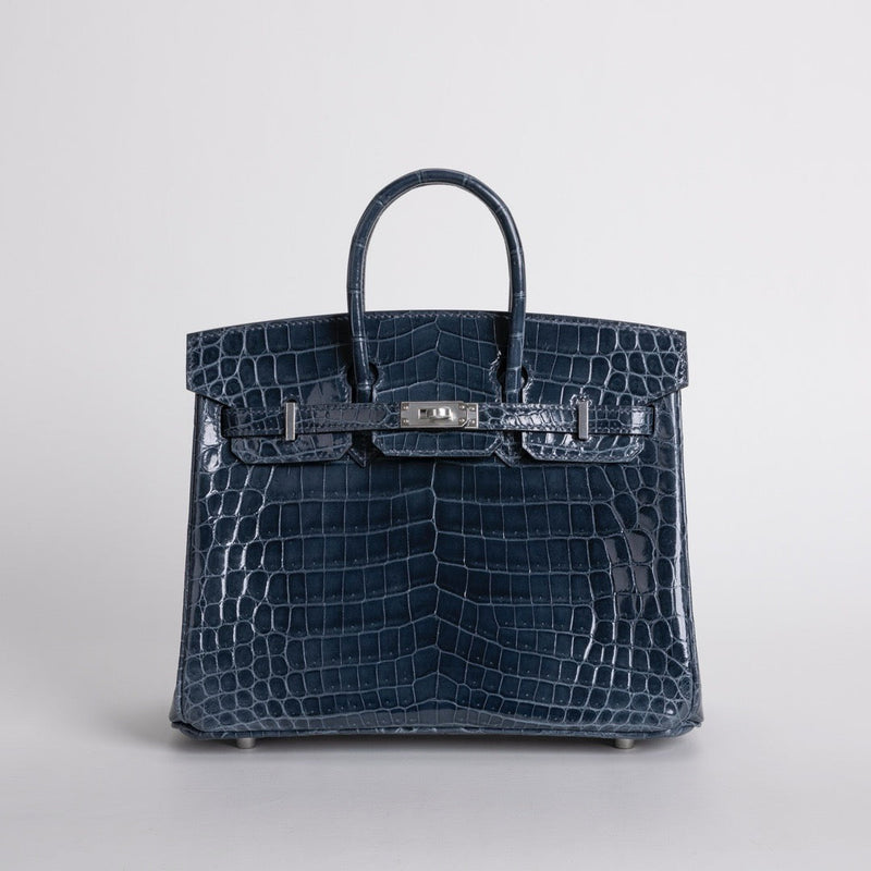 BIRKIN 25 SHINY NILOTICUS CROCODILE LEATHER BLEU TEMPETE WITH PALLADIUM HARDWARE (PHW)