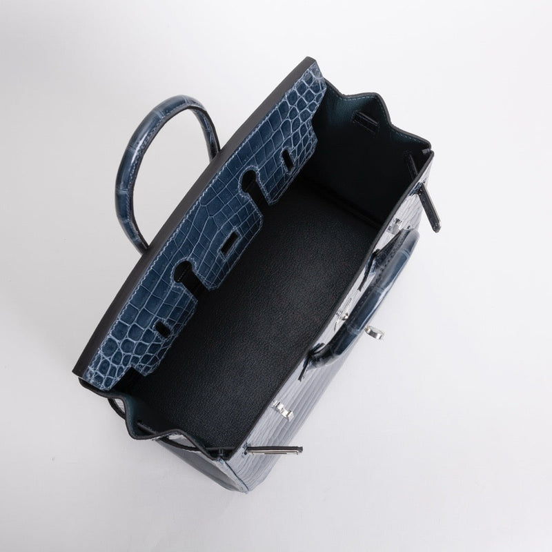 BIRKIN 25 SHINY NILOTICUS CROCODILE LEATHER BLEU TEMPETE WITH PALLADIUM HARDWARE (PHW)