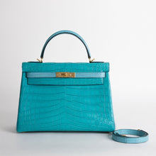 KELLY 32 MATTE NILOTICUS CROCODILE LEATHER HORSESHOE STAMP (HSS) BI-COLOR BLEU PAON & BLEU SAINT CYR WITH GOLD HARDWARE (GHW)