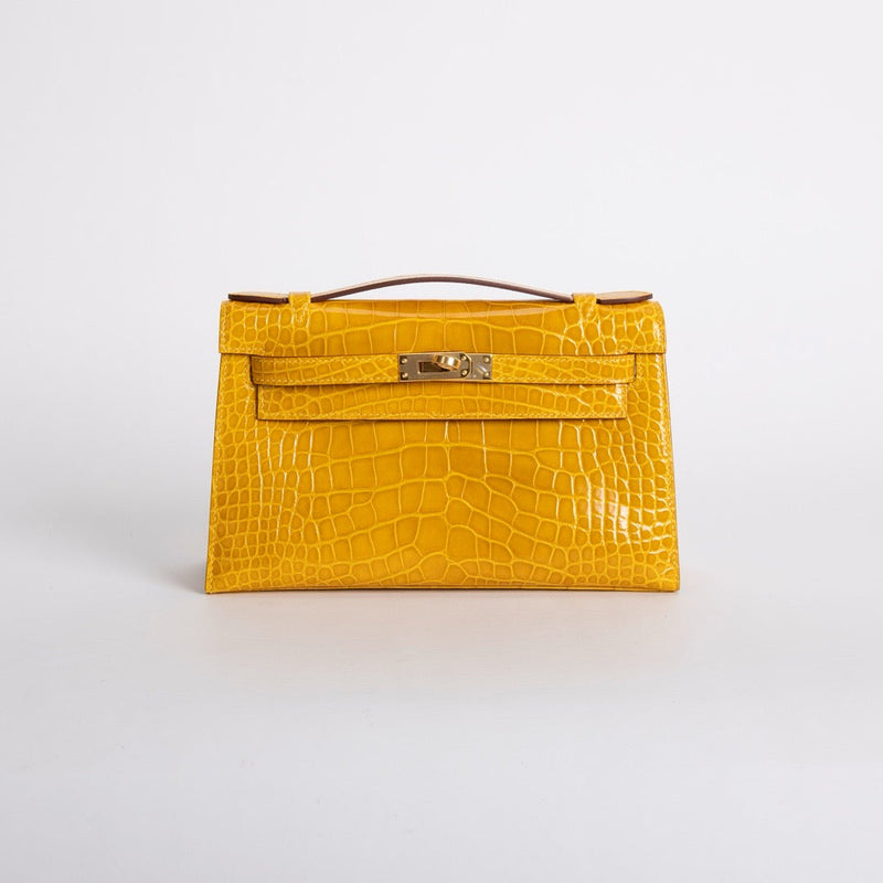 KELLY POCHETTE SHINY MISSISSIPPIENSIS ALLIGATOR LEATHER JAUNE AMBRE WITH GOLD HARDWARE (GHW)