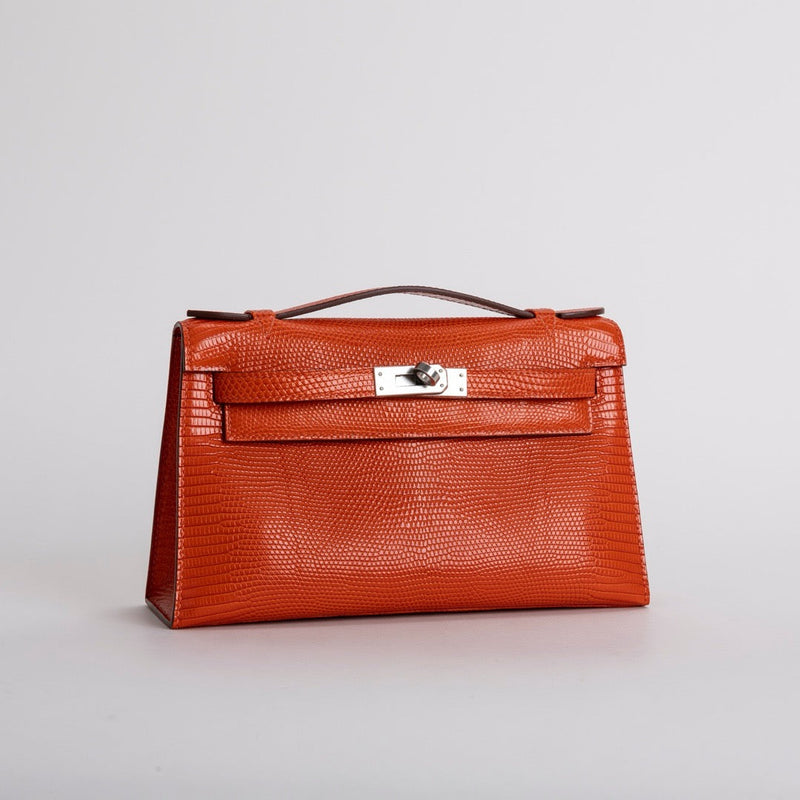 KELLY POCHETTE LIZARD LEATHER ORANGE WITH PALLADIUM HARDWARE (PHW)